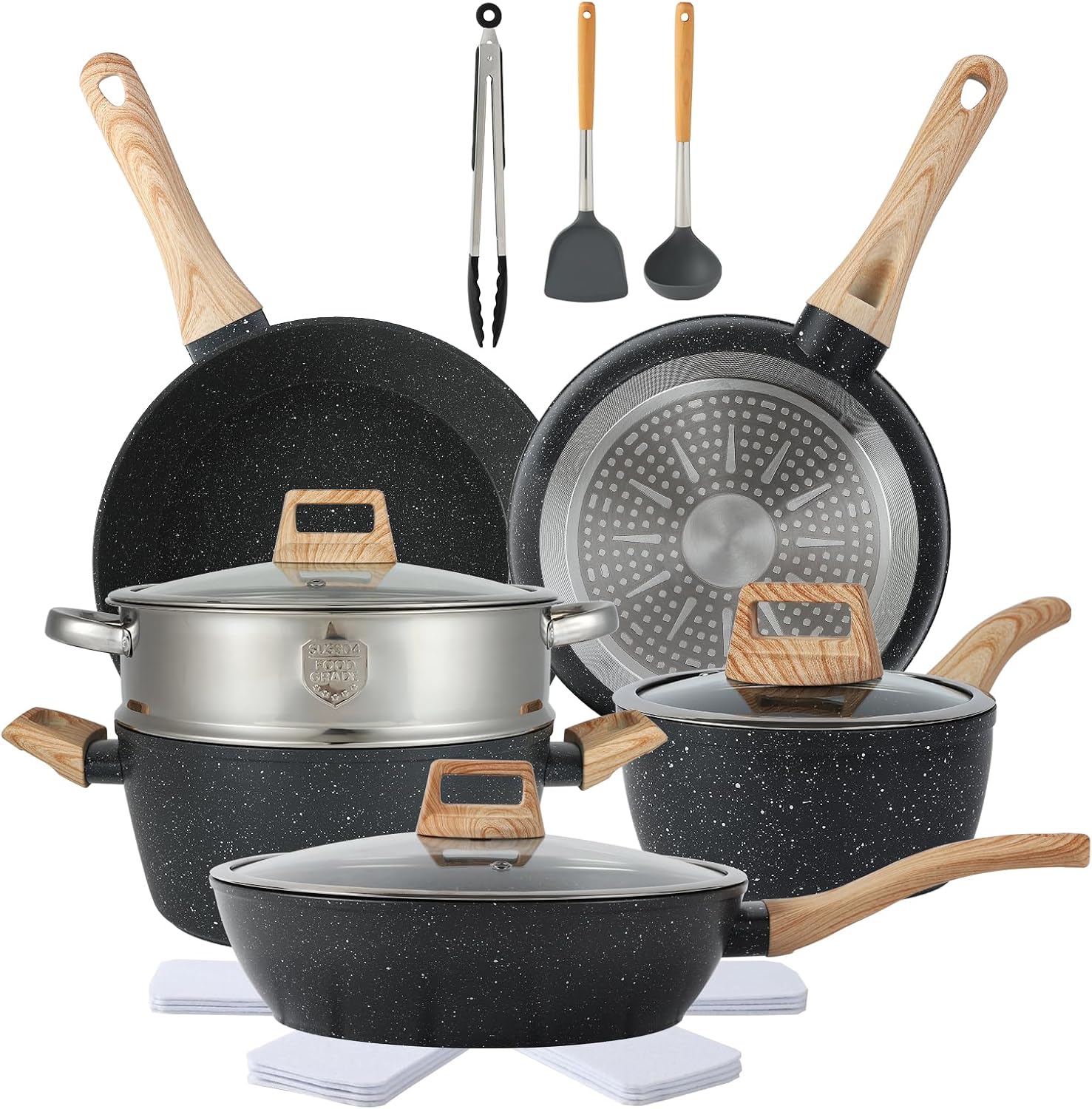 16PCS Pots and Pans Set Non Stick Cookware Set Nonstick with Cooking Set (black, 16pieces) (16pieces Black) Thumbnail