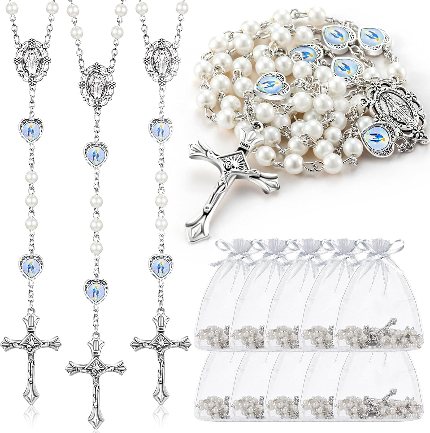ROCEEI Catholic Glass Pearl Beads Rosary Necklace 6 mm Beaded Cross Necklace with Crucifix and Rosary for Women
