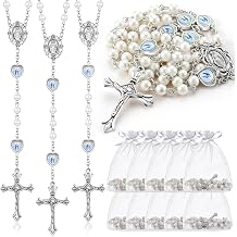 ROCEEI Pearl Rosary Beads Necklace with Crucifix Cross | 6 mm Glass Pearl Beads, Catholic Rosaries in Bulk, Medal Center, Organza Bag, Baptism First Communion Gifts