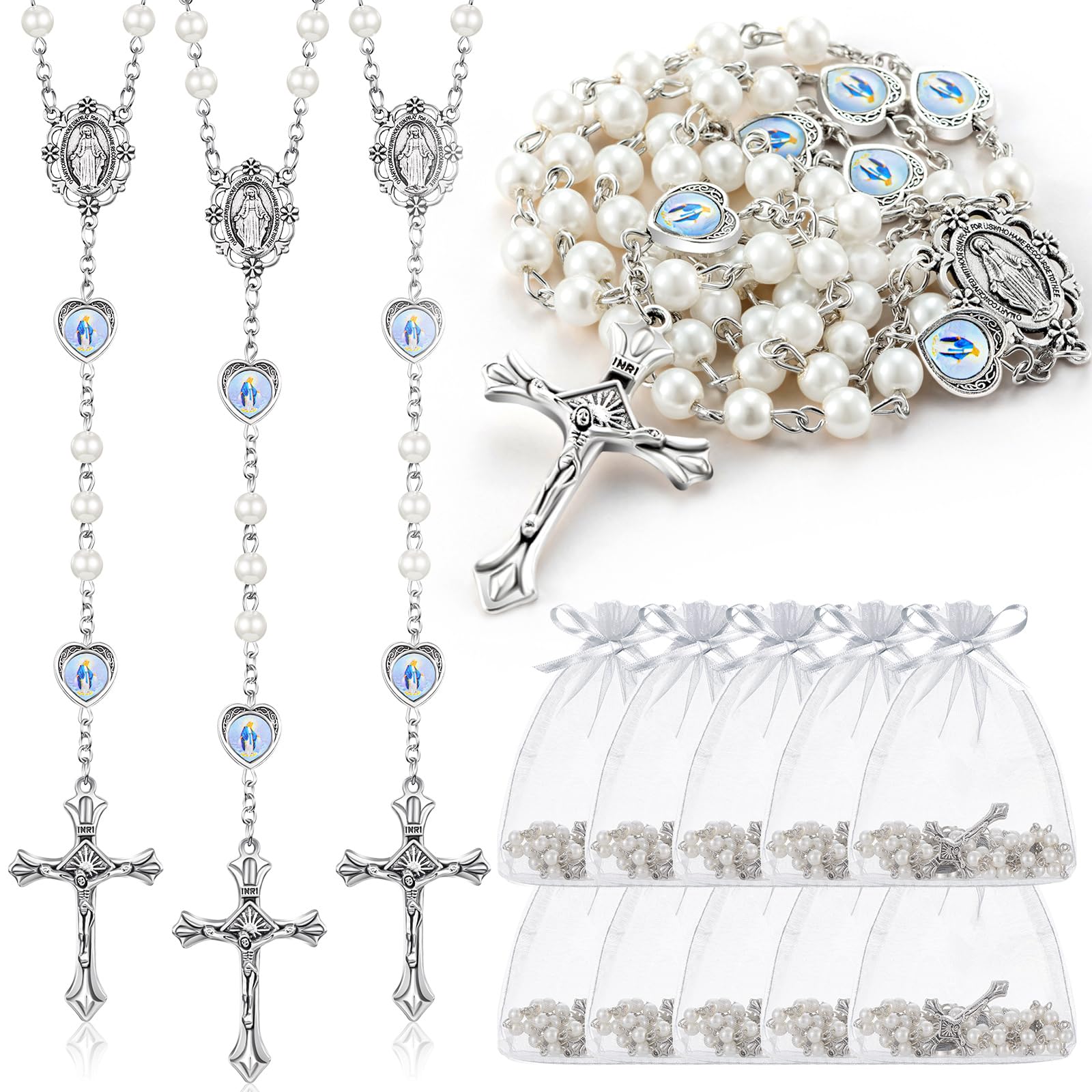 ROCEEI Pearl Rosary Beads Necklace with Crucifix Cross | 6 mm Glass Pearl Beads, Catholic Rosaries in Bulk, Medal Center, Organza Bag, Baptism First Communion Gifts White 20