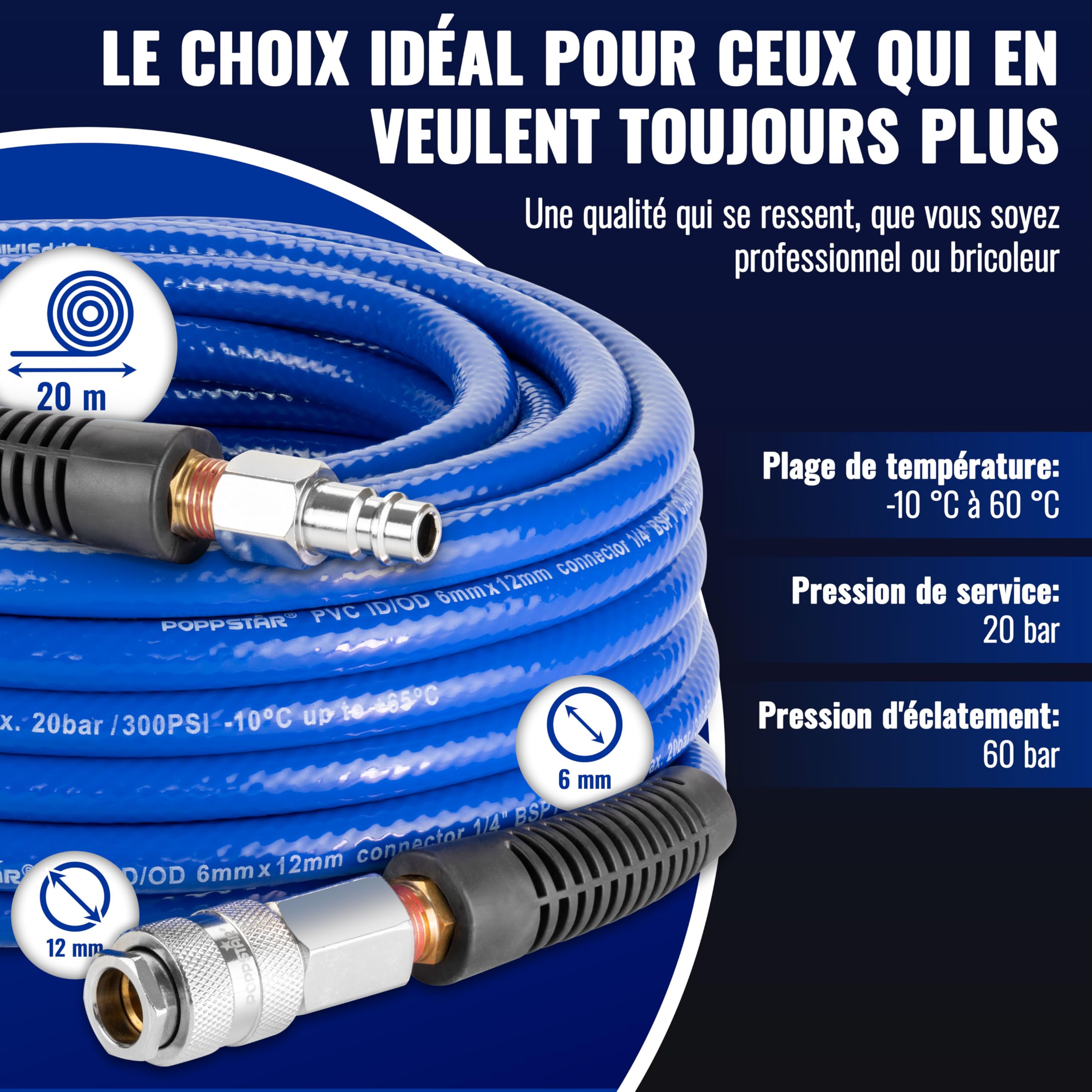 Poppstar PVC Tuyau d'Air Comprimé 6/12mm, 20m longue, Raccord Rapide Standard, 20 bar, bleu