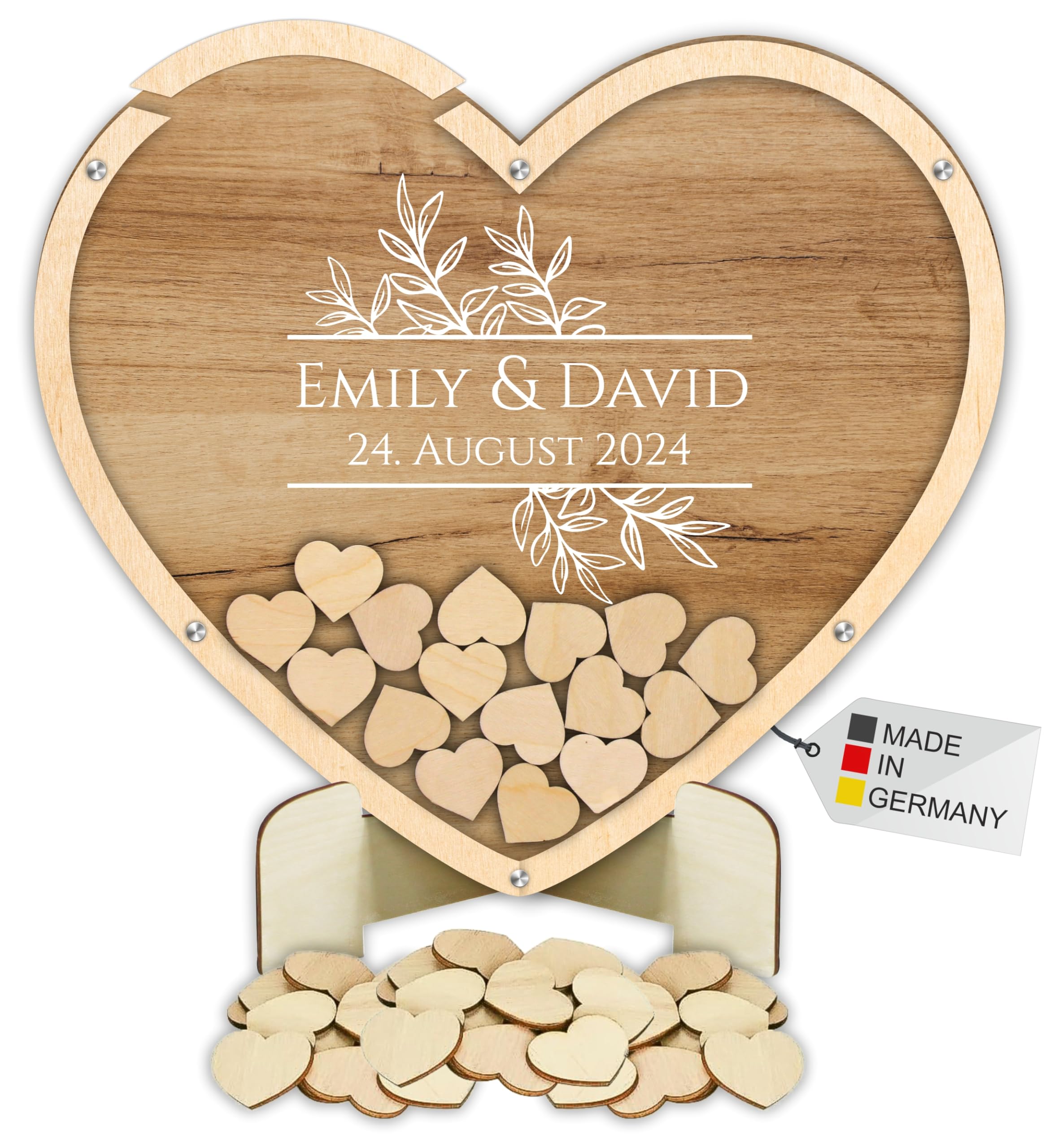 Manschin-Laserdesign Gästebuch Drop in aus Holz und Acrylglas zur Hochzeit, personalisiert, Wunschgravur, Wunschfarbe inkl. Herzen (Holz)