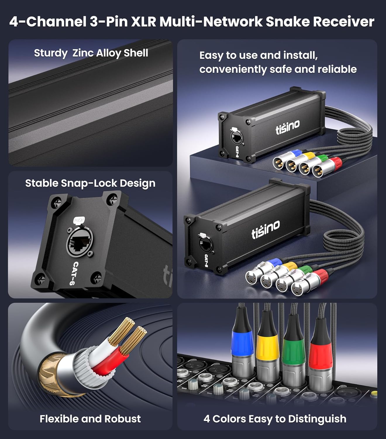 Tisino 4 Channel XLR Snake Over Ethernet Network Extender - 3-Pin XLR to RJ45 Cat5/Cat6 Audio Snake Receiver & Transmitter for Stage Lighting, Recording Studio & Live Sound (1 Pair)