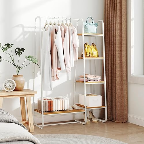 Miniatura 6 de Giantex Perchero con estantes, perchero con estantes de 5 niveles, perchero resistente con barra para colgar, organizador de almacenamiento de