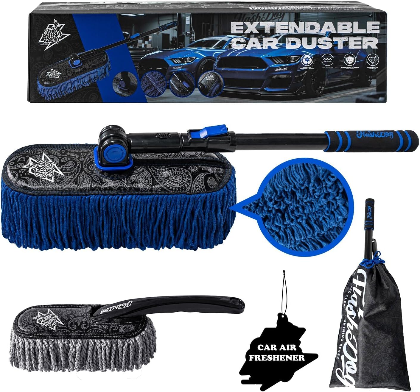 Flash Dog Car Duster Exterior & Interior Duster Aluminum Alloy Extendable Handle and Wax Cotton Strands Scratch-Free Cleaning for Cars, SUVs, RVs | Waterless Dust & Pollen Remover