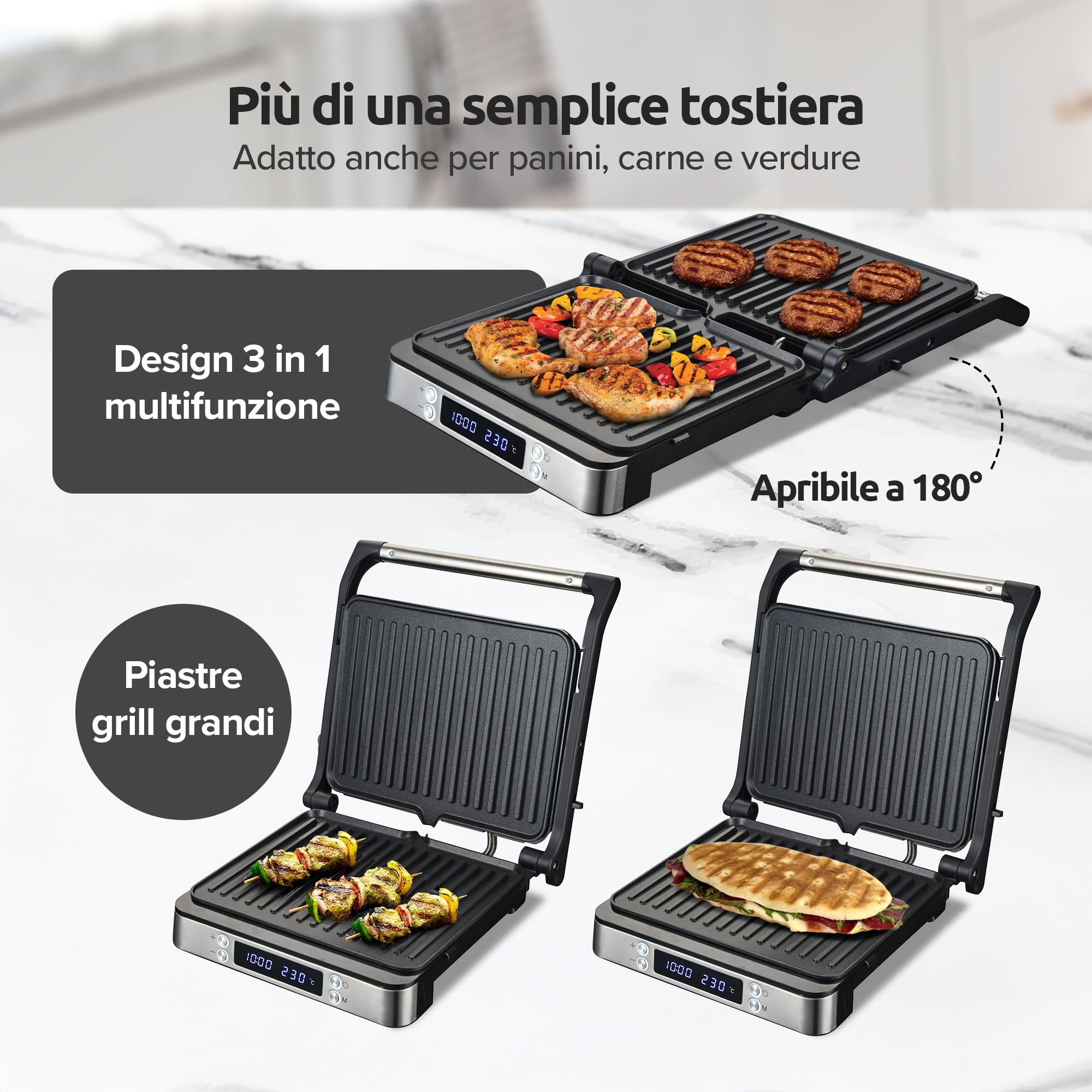 Olvy Grill digitale a contatto con piastre antiaderenti, macchina per panini 3 in 1, griglia aperta a 180°, temperatura regolabile, timer, ampia area di cottura, manico Cool-Touch, Argento