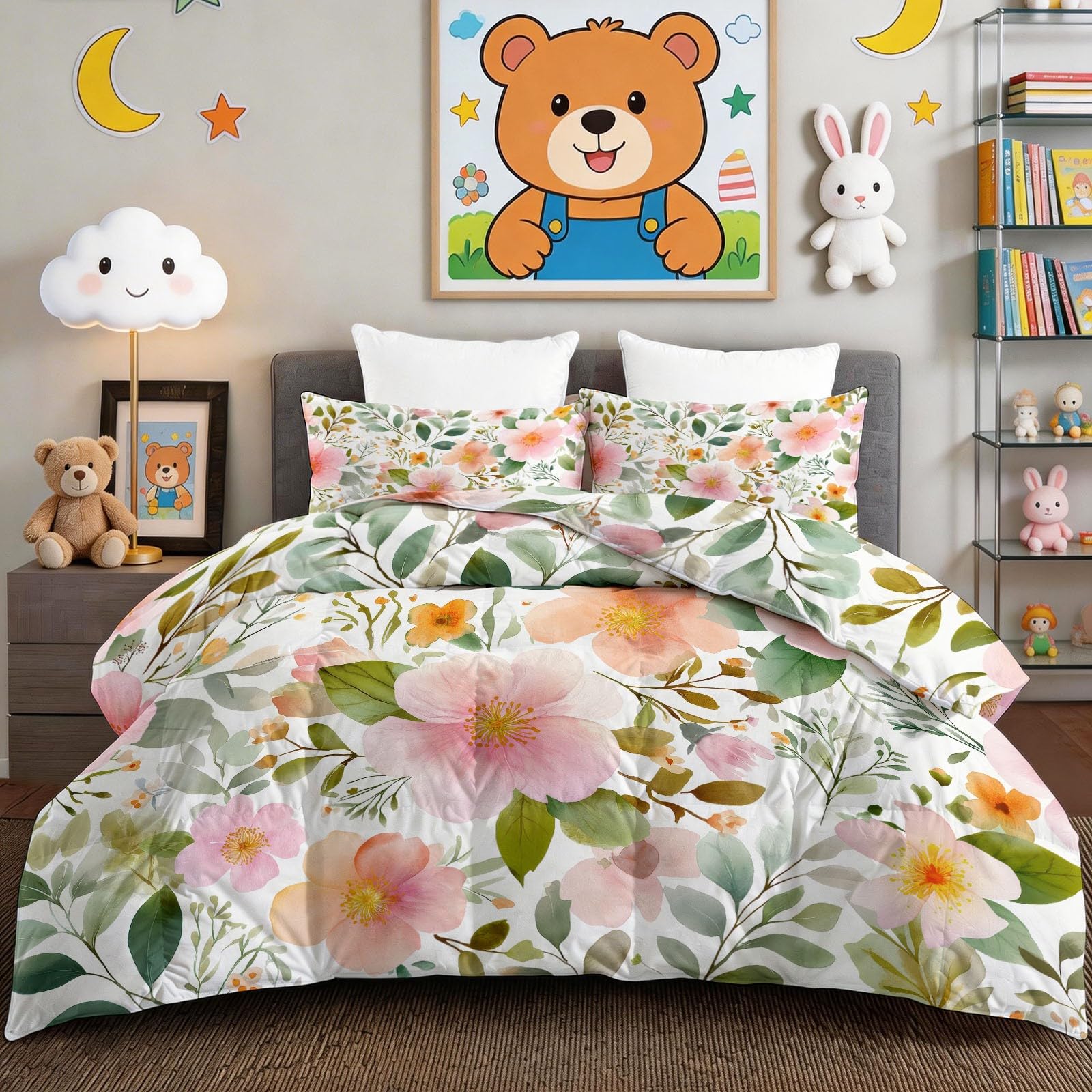 Edredón doble de algodón lavado blanco 200x200 cm de 7.5 tog con flores acuarela para verano