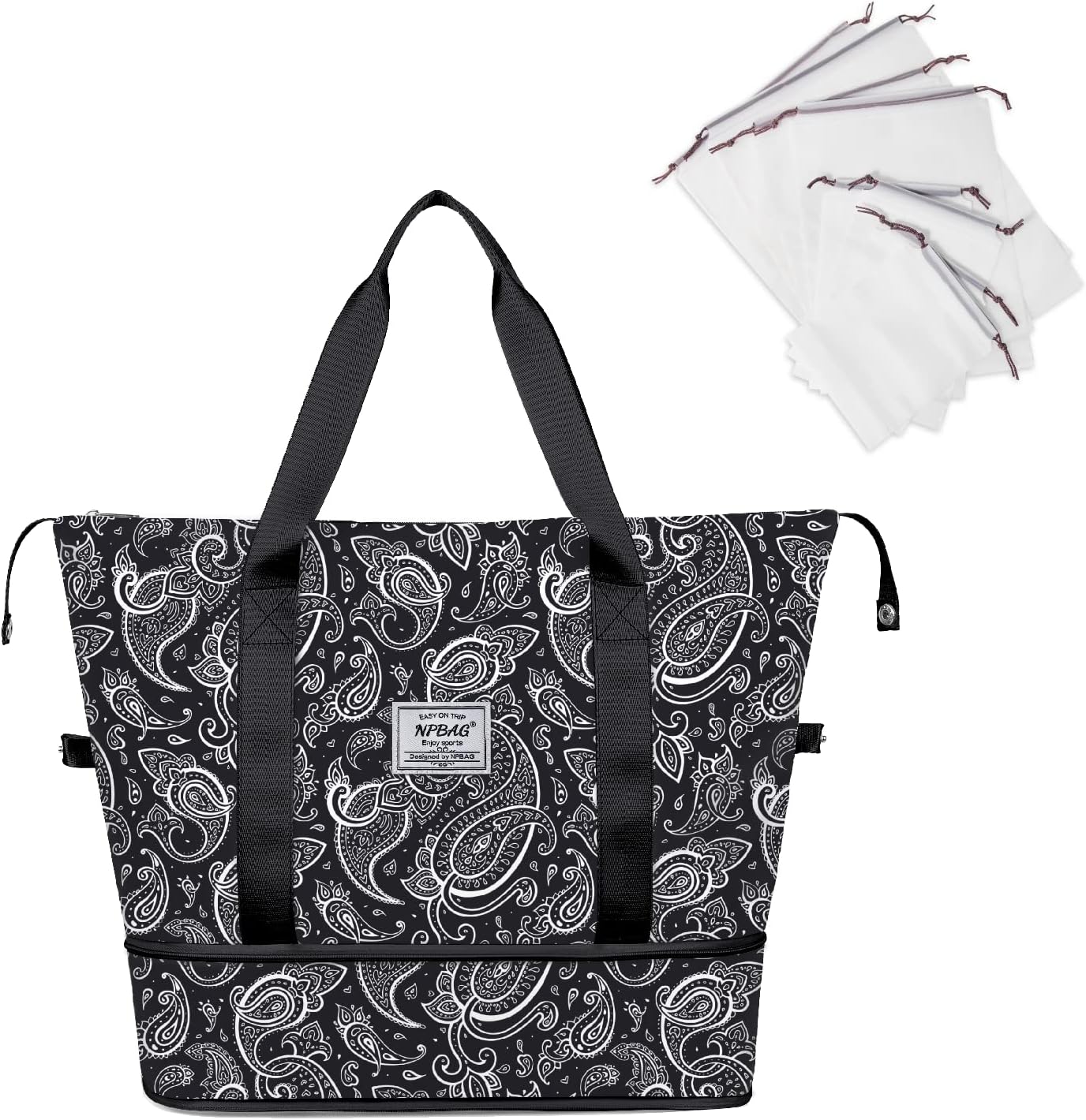 Women Travel Duffel, Multi Functional Large Expandable Weekender Carry-on Tote, Gym Workout Overnight Bag, Mommy Hospital Bag for Labor and Delivery, Basic-Black Paisley, L, Basic Version