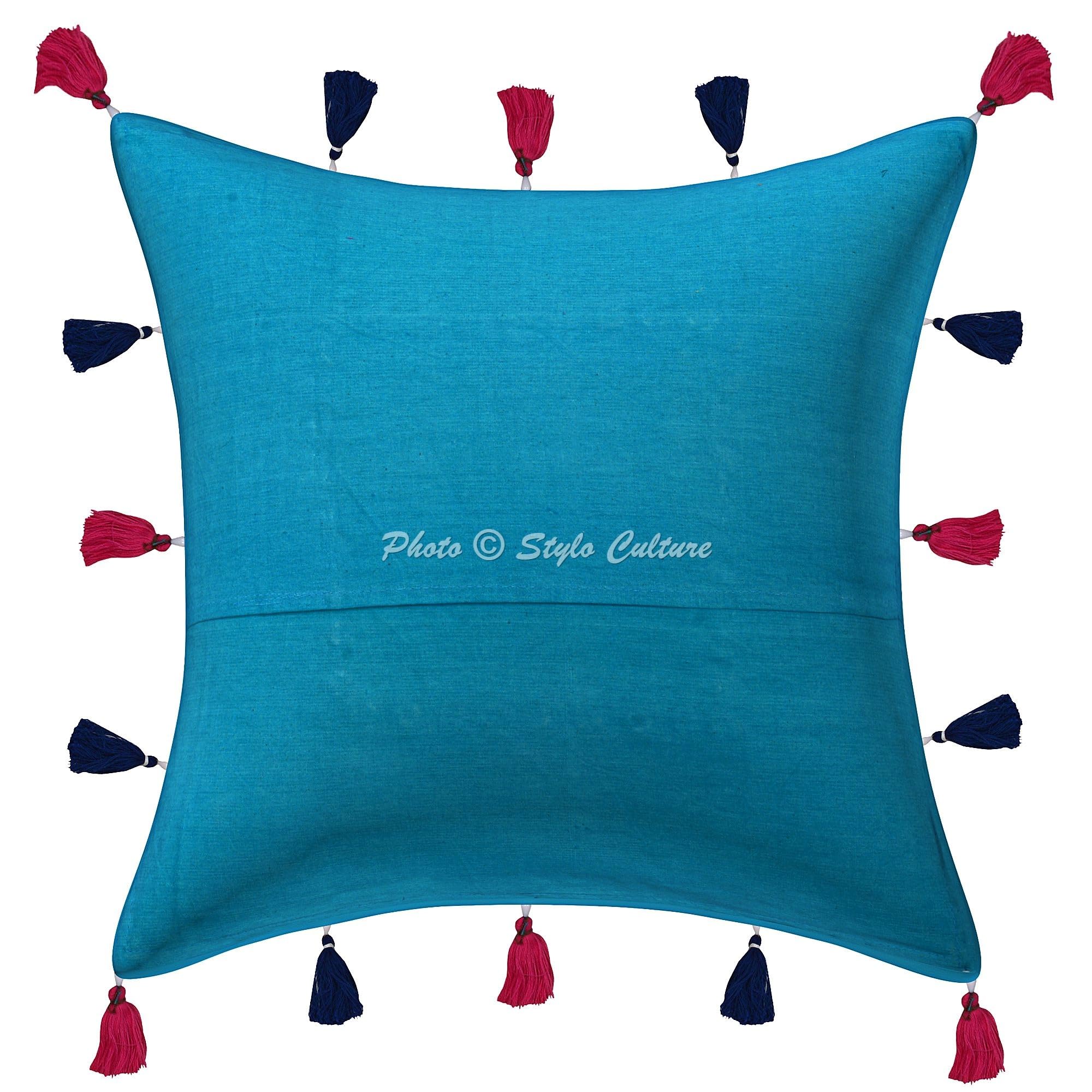 Ethnisch Dekorativ Baumwolle Couch Kissenbezüge 40x40 cm Türkis Dekokissen Gesticktes Patchwork Schlafzimmer Sofa Kissen Bezüge Blumen Quadrat Umschlagverschluss Kissenhullen - 4 STK.