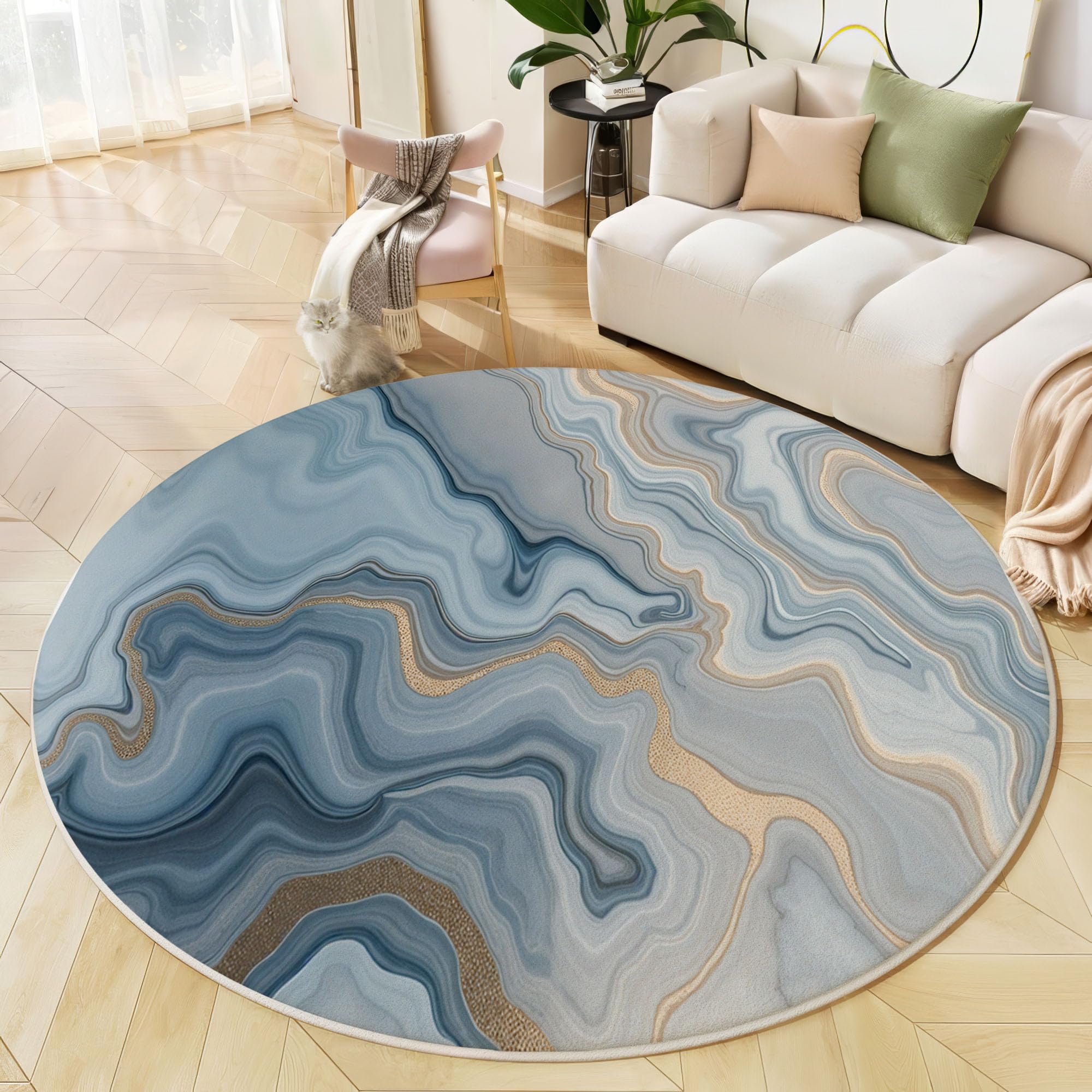 Tapis rond 140cm lavable en machine et antidérapant motif marbre bleu