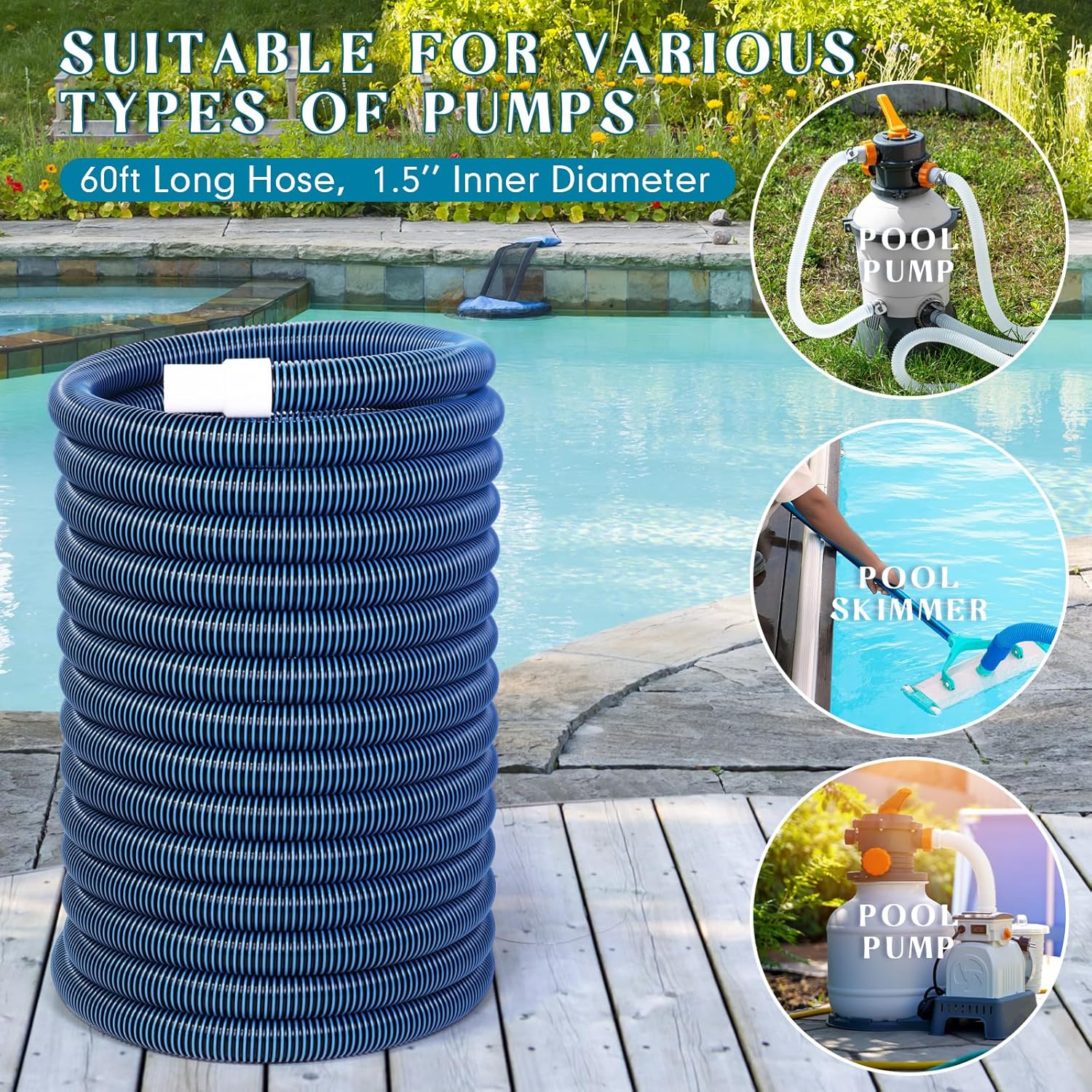 Frienda 60ft Pool Vacuum Hose 1-1/2inch with Swivel Cuff, Heavy Duty Spiral Cleaning Swimming Pool Tube for Above Ground and Inground Manual Vacuum Head Skimmer Connection, UV Resistant Blue