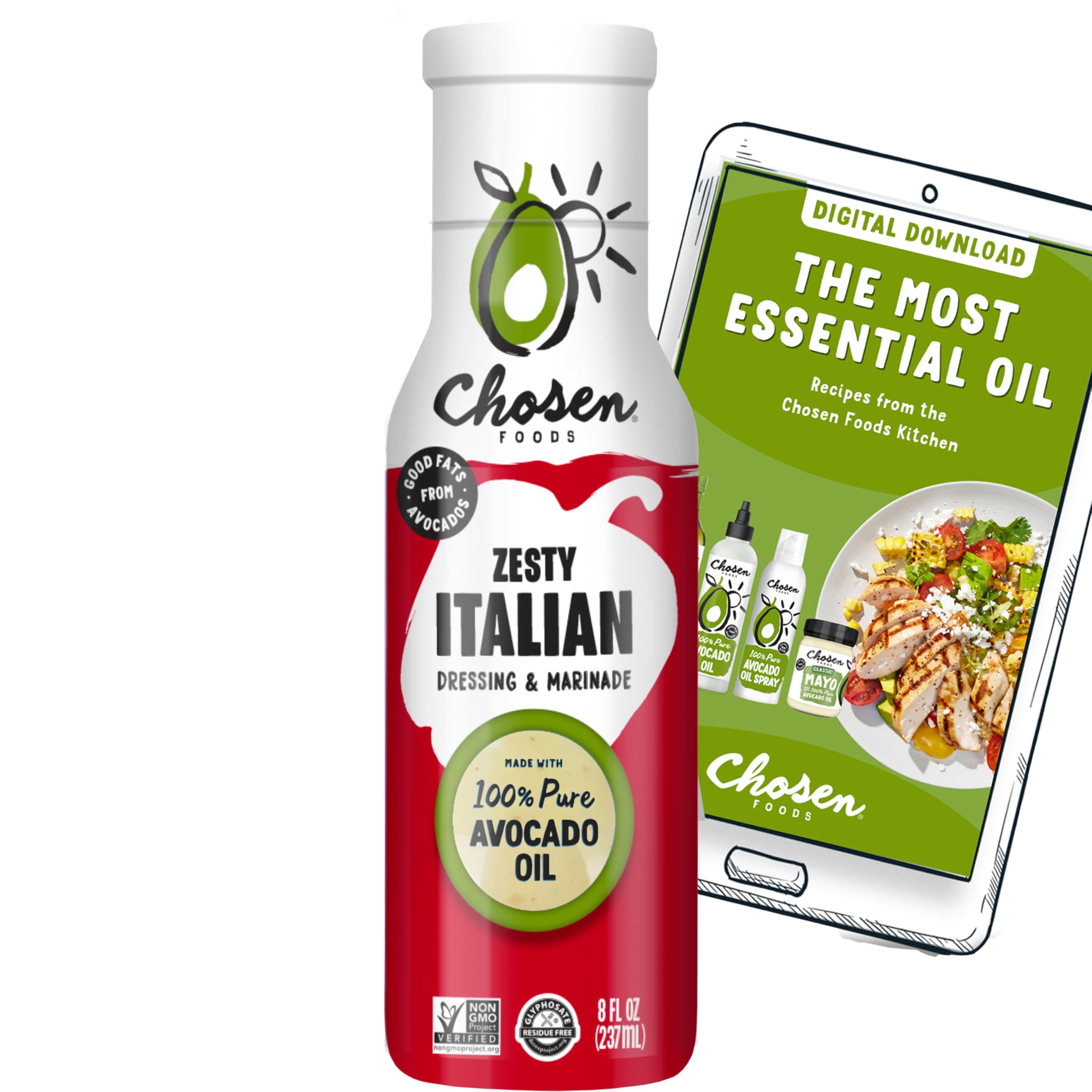 Chosen Foods Zesty Italian Dressing and Marinade 8 oz with Recipe e-Book Bundle