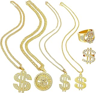 MDYBF 6 Pieces Dollar Sign Necklace Ring, Gold Men's Chain Necklaces with Dollar Sign Pendant Rhinestone Rotatable Dollar Sign Costume Chain Necklace Hip Hop Dollar Necklace