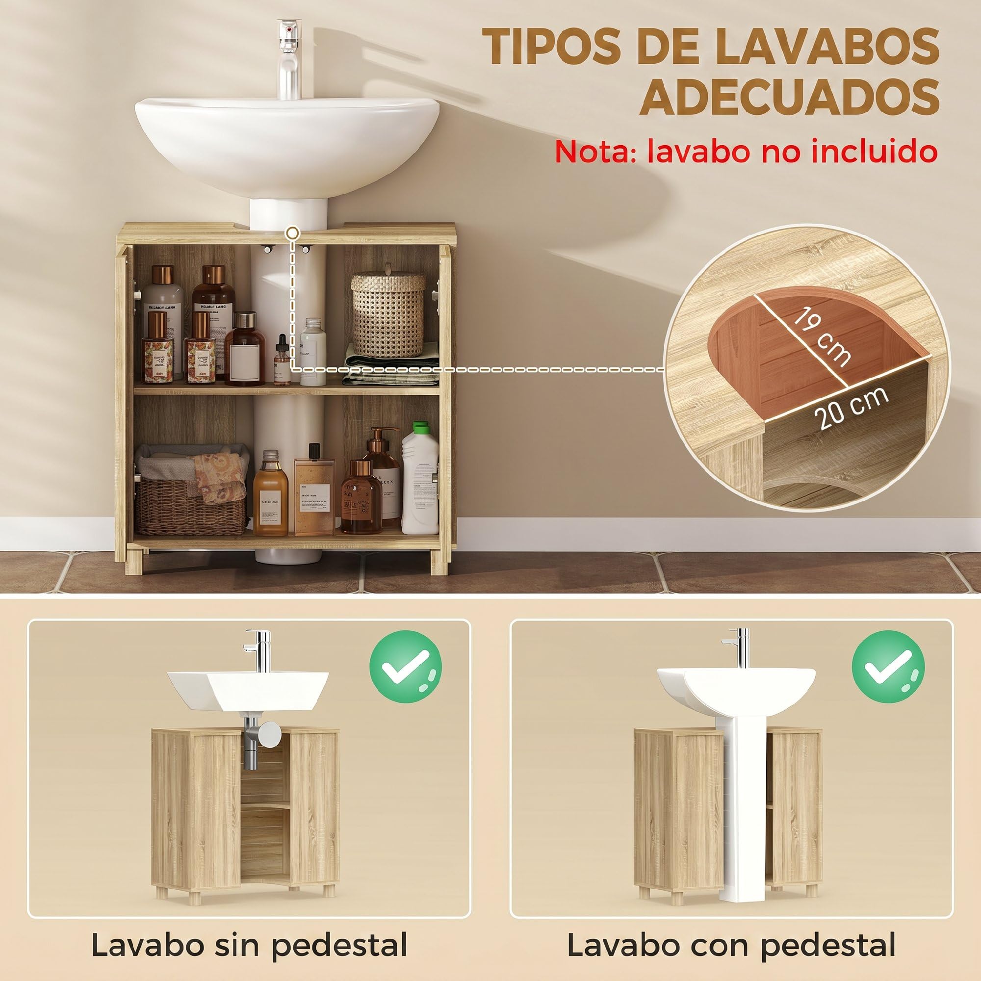 HOMCOM Mueble Bajo Lavabo, Mueble de Baño con Estante Ajustable, Puertas de Listones y Apertura por Presión, para Lavabo con Pedestal o Pared, 60x30x60 cm, Natural