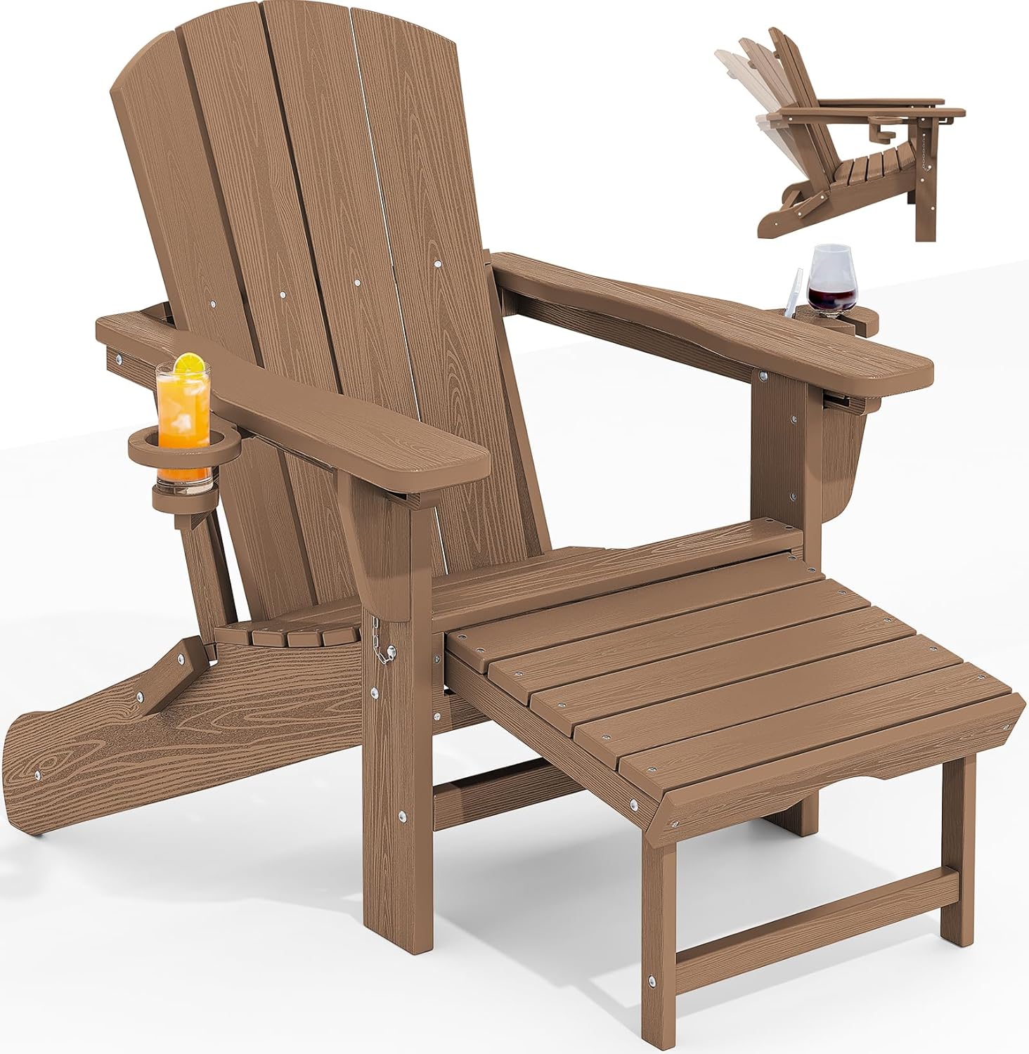 KINGYES Folding Adjustable Adirondack Chair with Ottoman & 2 Cup Holders, HDEP Multifunctional Adirondack Chair with Footrest, Brown