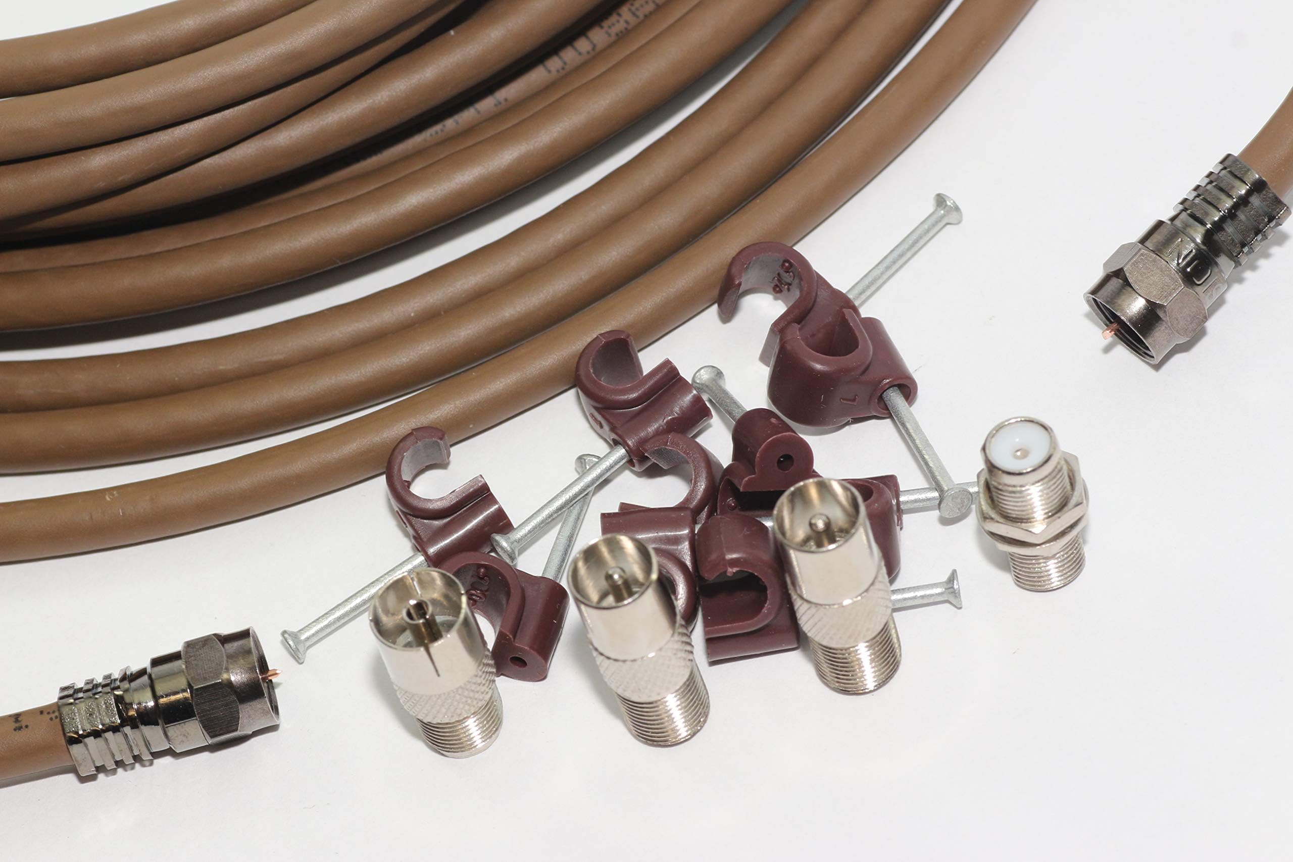 Universal Satellite and Aerial Extension Cable Kit With Cable Clips and Adaptors (10M, Brown)
