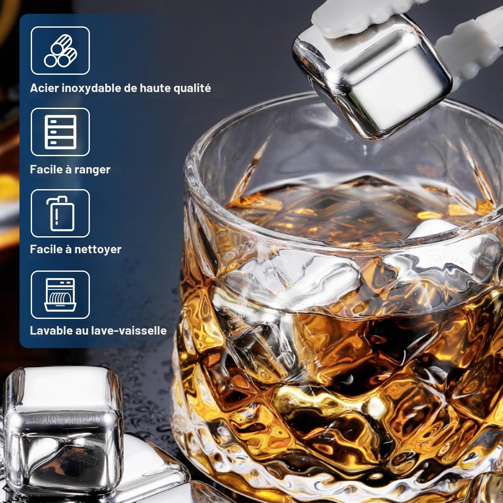 Glaçons Congelés en Acier Inoxydable,Lot de 24 Glaçons en Acier Inoxydable avec Clip,glaçons Réutilisables en acier inoxydable 304 de Qualité Alimentaire Metal Whiskey Stones pour whisky,vin