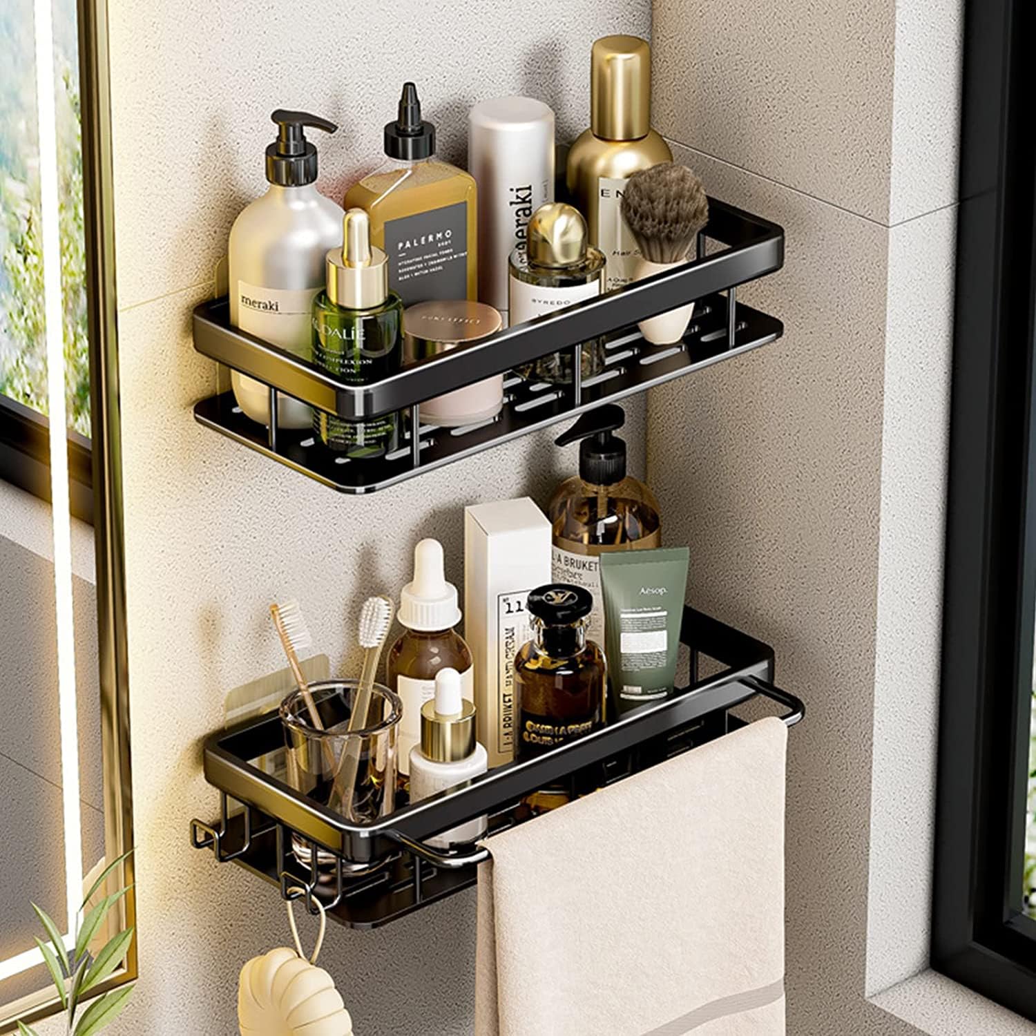 2 Piezas Estanteria Ducha, Estante de Baño con Barra de Toalla y Ganchos, Estanteria Baño Autoadhesivo, Estantes Ducha Pared Sin Taladro Para Baño Y Cocina, Negro