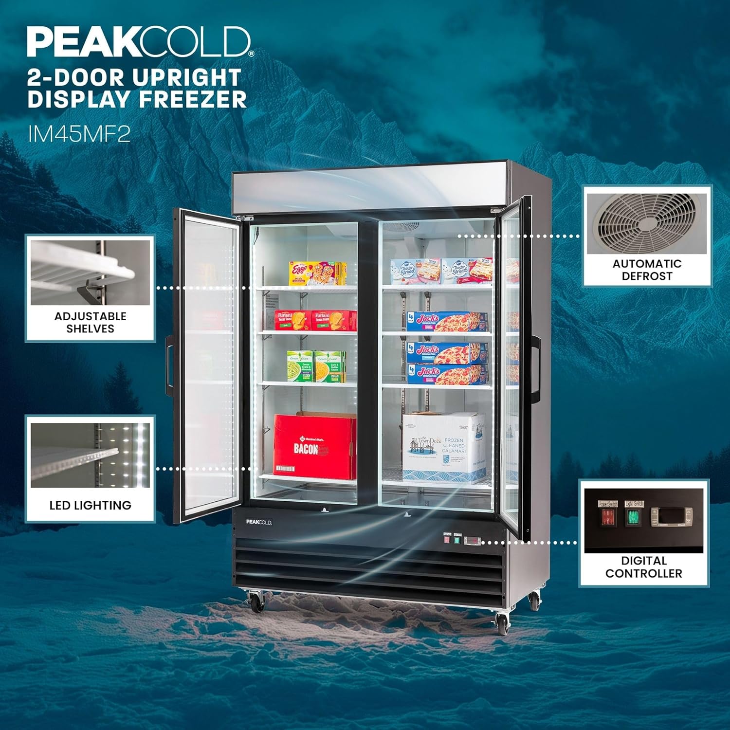 PeakCold 2 Door Commercial Stainless Steel Freezer, White Interior; 47 Cubic Ft, 54" Wide