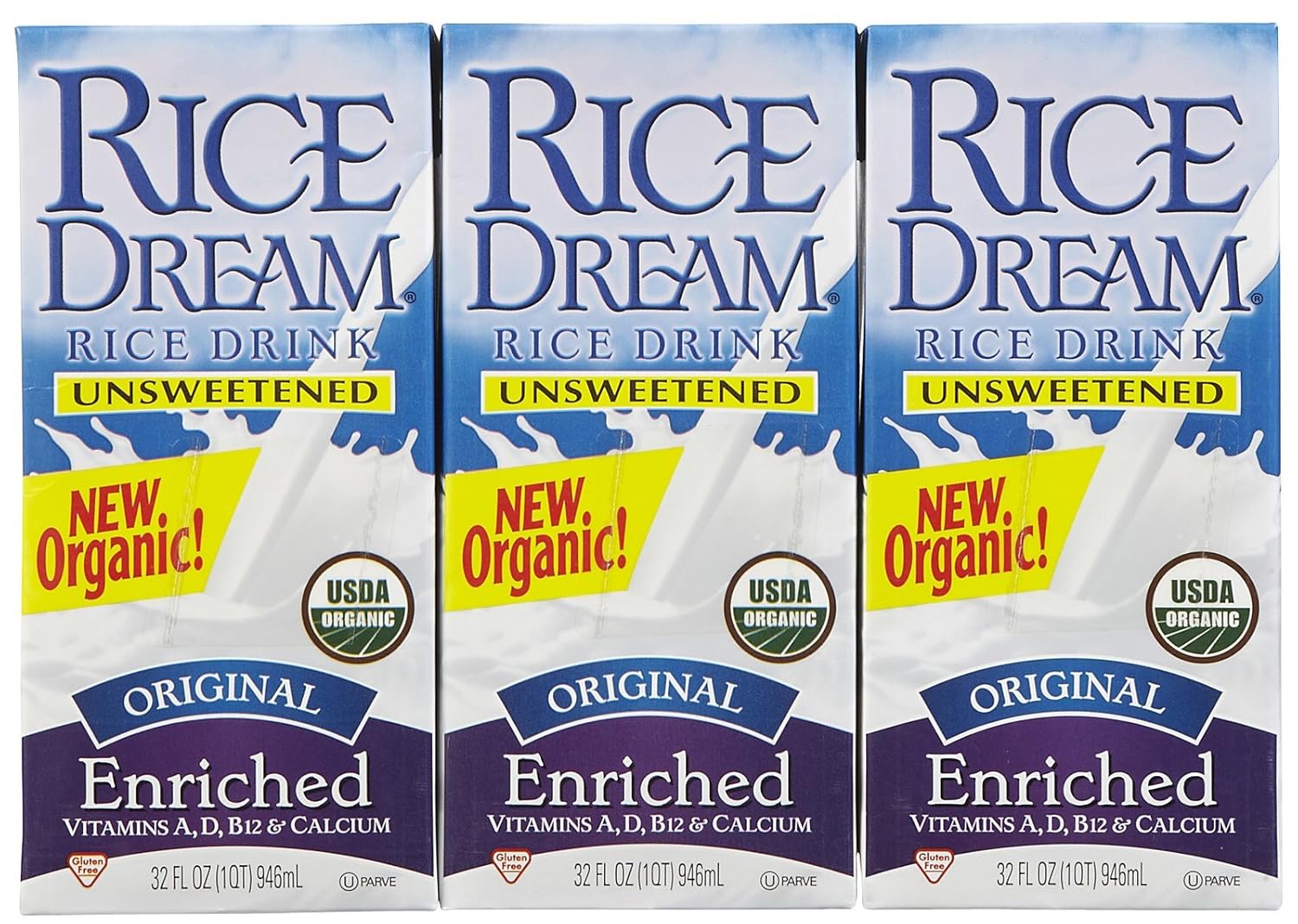 Yuaben Dream Organic Unsweetened Rice Drink, 32 oz Shelf-Stable 3-Pack - Vegan Dairy-Free Rice Milk Alternative