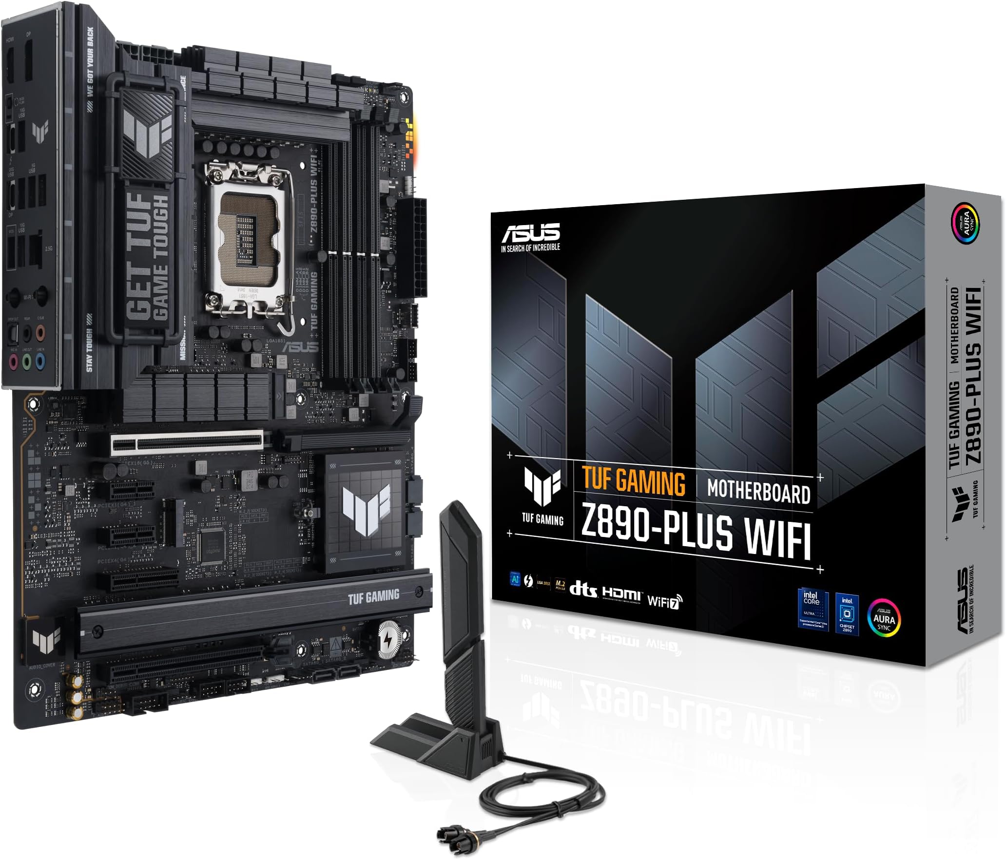 ASUS TUF GAMING Z890-PLUS WIFI Intel ATX motherboard, 16+1+2+1(80A) power stages, DDR5, PCIe 5.0 w/ full support for next-gen GPUs,1xUSB4, front USB 20Gbps, 4 x M.2 slots, Wi-Fi 7, Intel 2.5 Gb