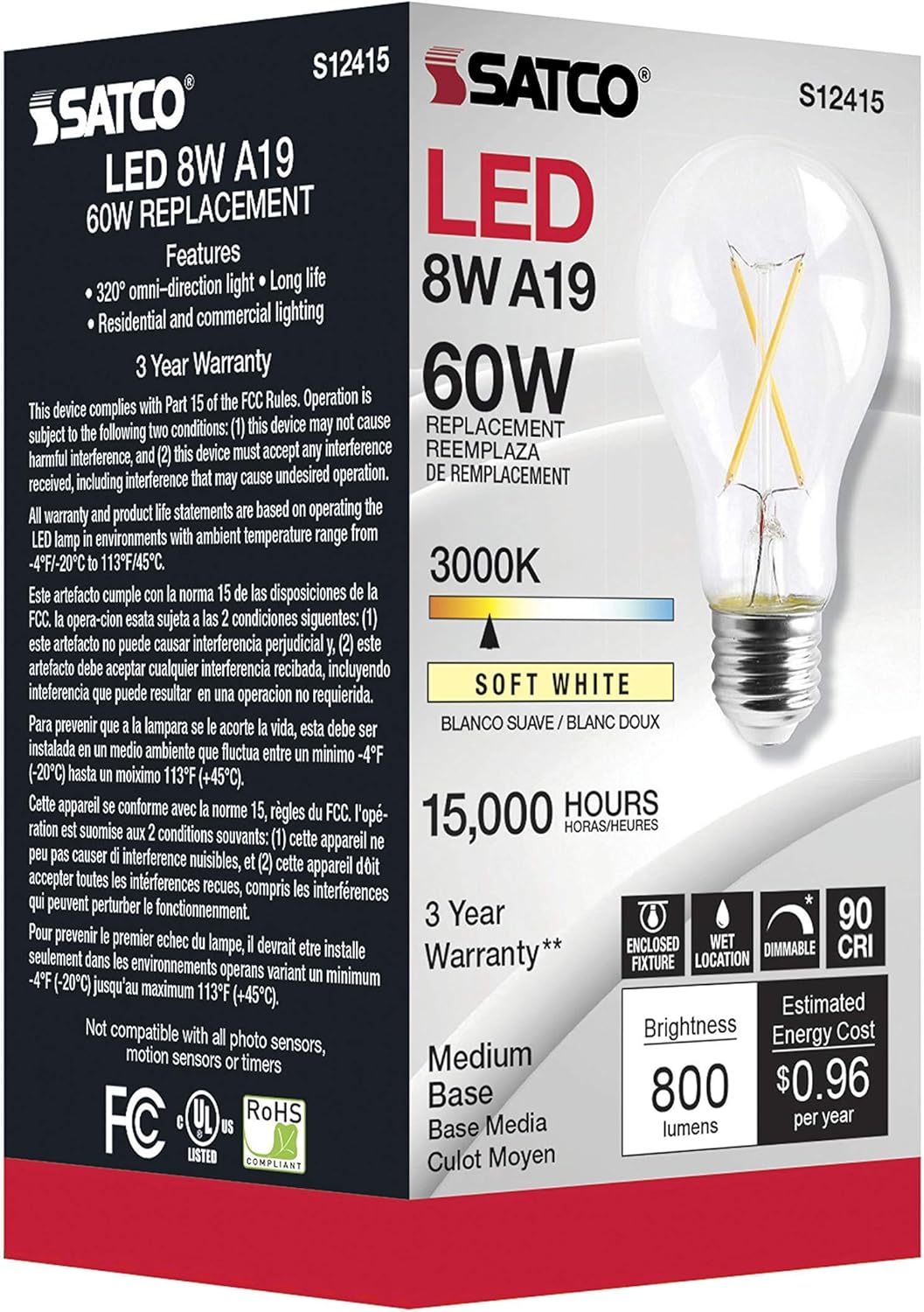 Satco 8 Watt LED A19 Clear Light Bulbs - Medium Base - 3000K Soft White - 120 Volt (6 Pack)