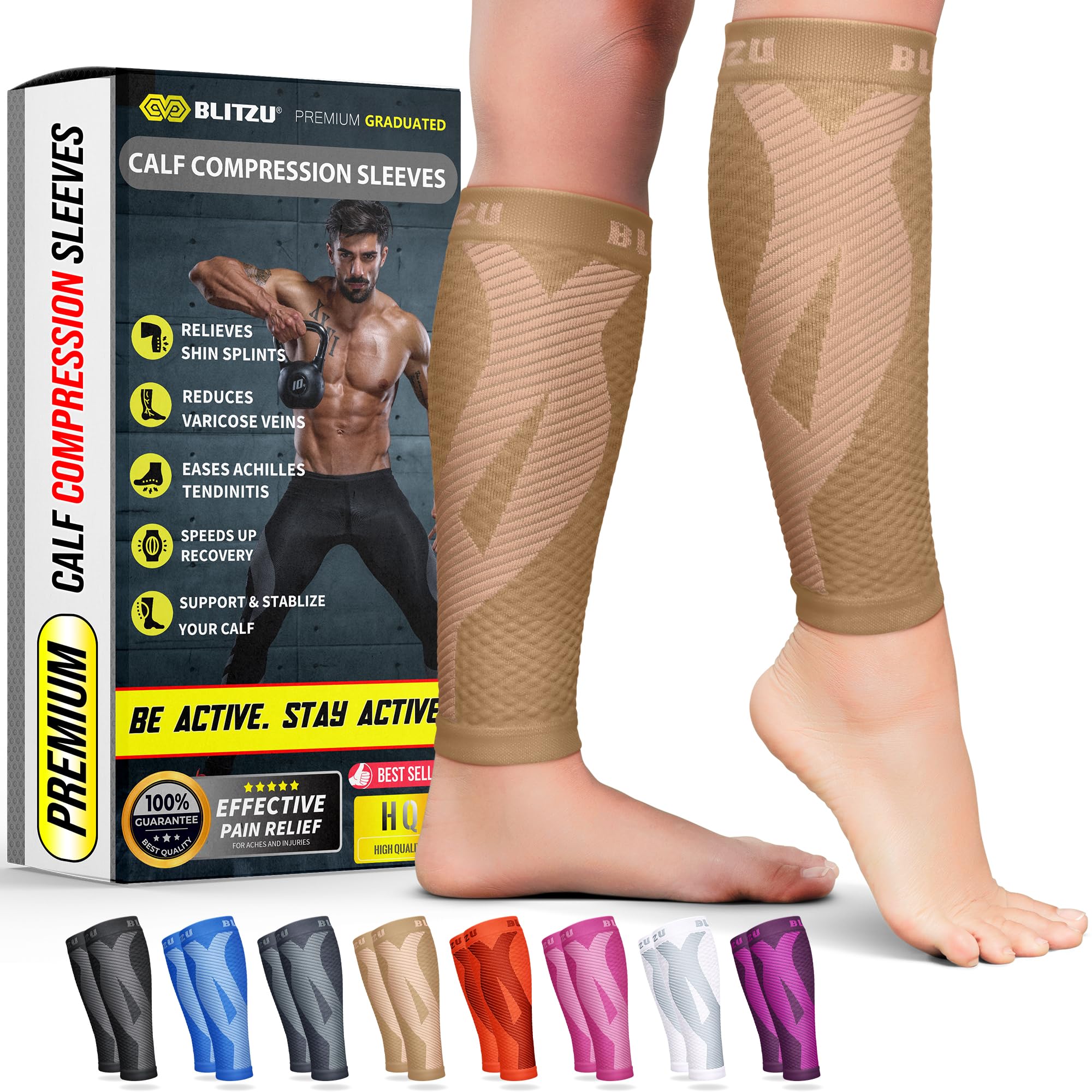 BLITZU Calf Compression Sleeve for Men & Women Footless Compression Socks Support Runners Leg Sleeve Shin Splints Pain ReliefOEKO-TEX STANDARD 100