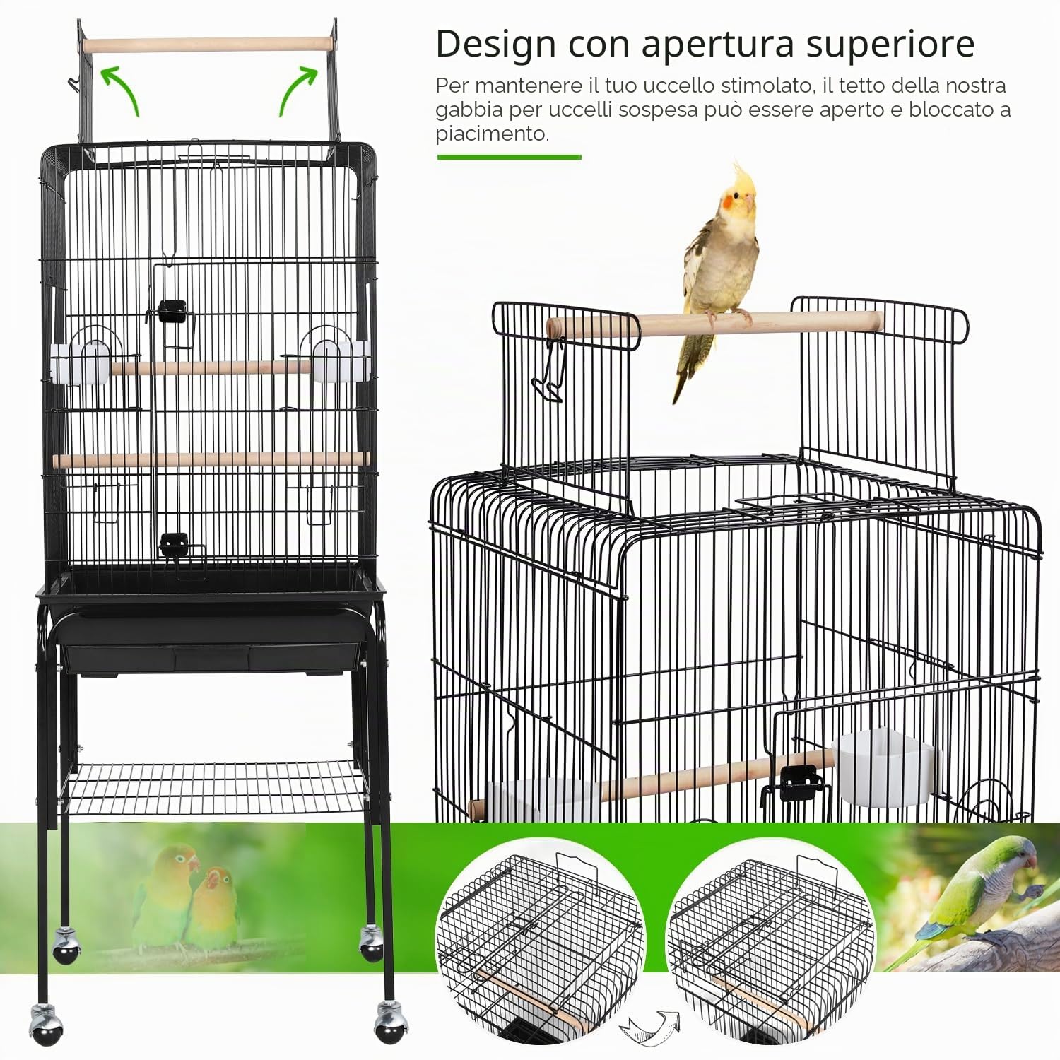 Yaheetech Gabbia per Uccelli Pappagalli Calopsite con Piedistallo in Metallo con Tetto Apribile Nera 46 x 46x 119 cm
