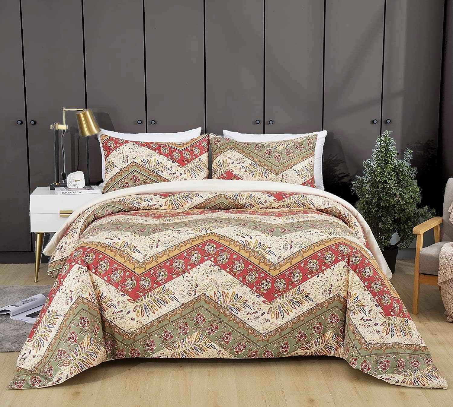 DaDalogy Bedding Botanical Floral Duvet Cover Set w/Pillow Cases - Bohemian Chevron Paisley Filigree Cranberry Red Sage Green Rainbow - Colorful Comforter Cover w/Corner Ties Zipper - Twin - 2-Pieces