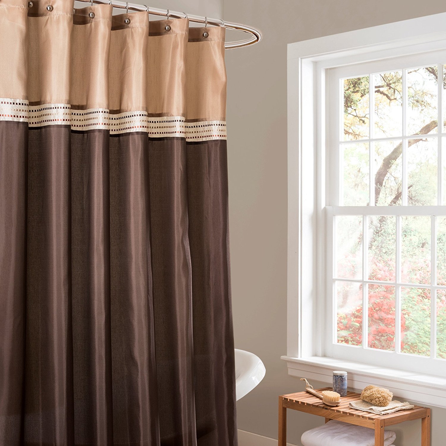 Lush Decor Terra Color Block Shower Curtain Fabric Striped Neutral Bathroom Decor, 72" W x 72" L, Brown & Beige