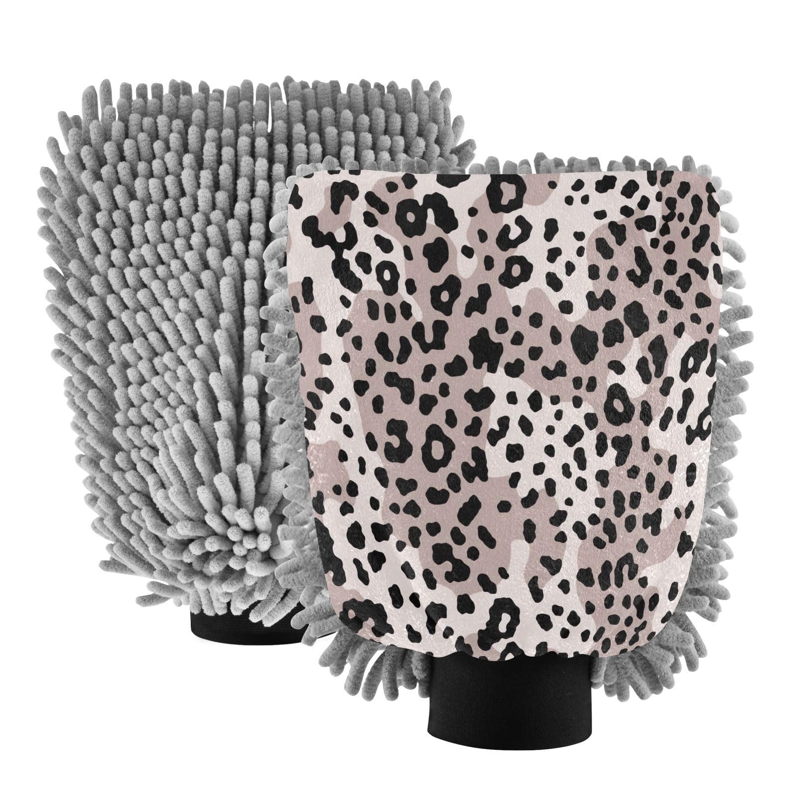 Flradish 2 Pack Fashionable Leopard Print Car Wash Mitt Chenille Microfiber Lint-Free Scratch Free Ultra-Soft Absorbent Car Wash Mitt 10.2x7.09 Inch