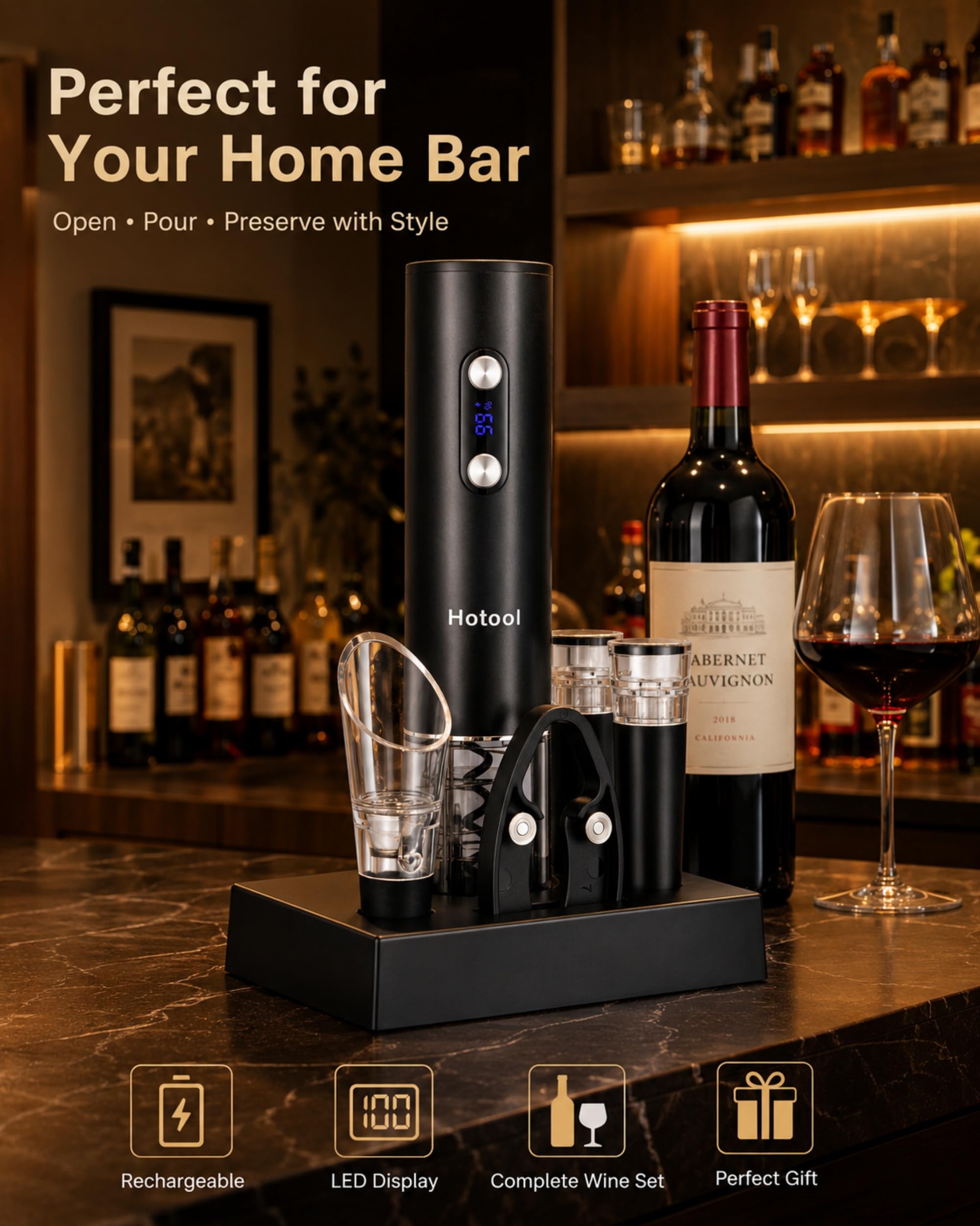 Hotool Wiederaufladbarer elektrischer Weinöffner Geschenkset mit LED-Display | Automatischer Typ-C wiederaufladbarer Korkenzieher; inklusive Sockel, Weinbelüfter, Folienschneider und 2 Vakuum-Stopfen.