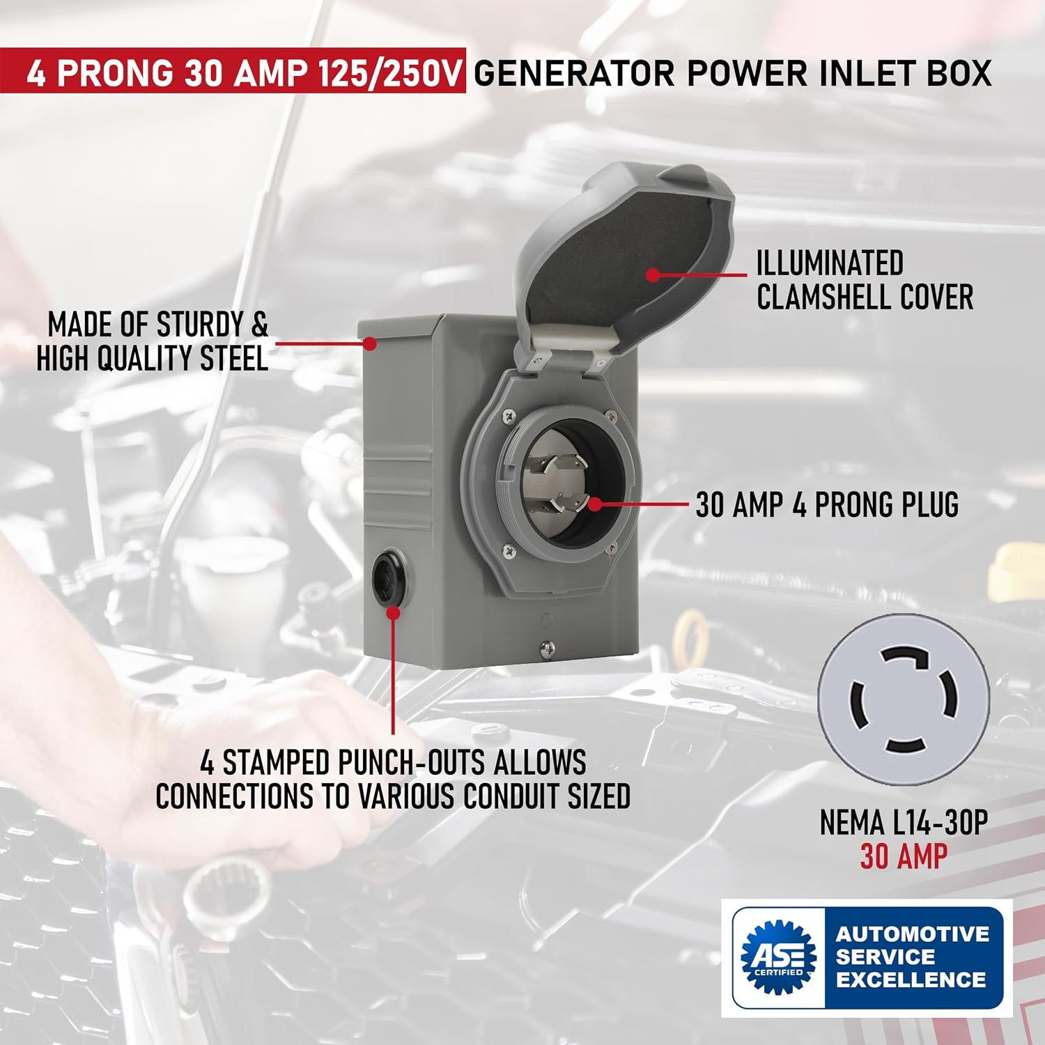 30 Amp Generator Inlet Box 4 Prong 125/250V - PB30, NEMA L14-30P Power Inlet Box - 7500 Watts Generator Inlet Plug for Outdoor Receptacle - Weatherproof Generator Outlet, ETL Listed
