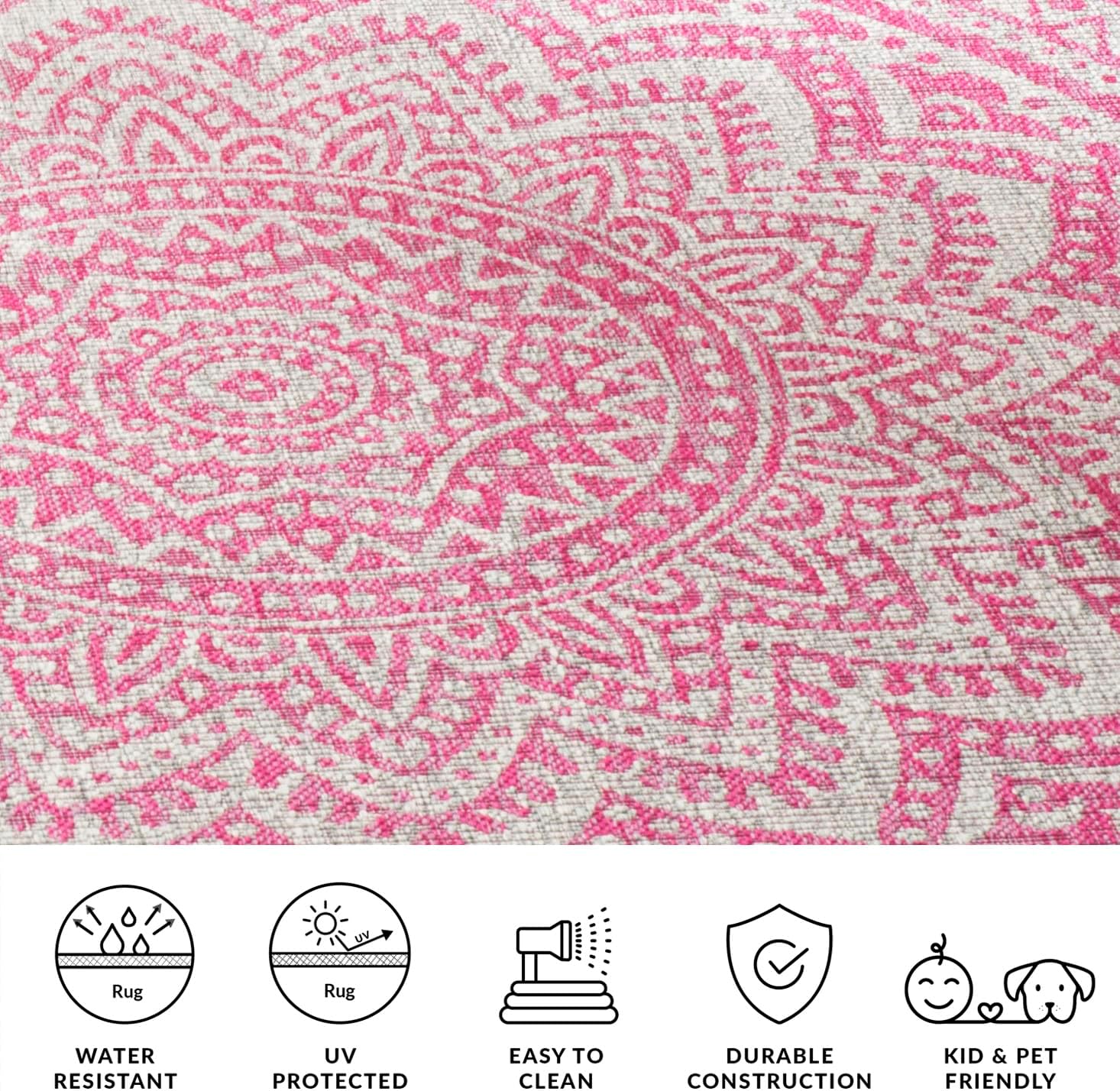 SAFAVIEH Washable Rug Outdoor Courtyard Collection - 6'7" Square, Light Grey & Fuchsia Pink Purple, Non-Shedding & Easy Cleaning, Ideal for Patio, Backyard, Mudroom (CY8734-39712)