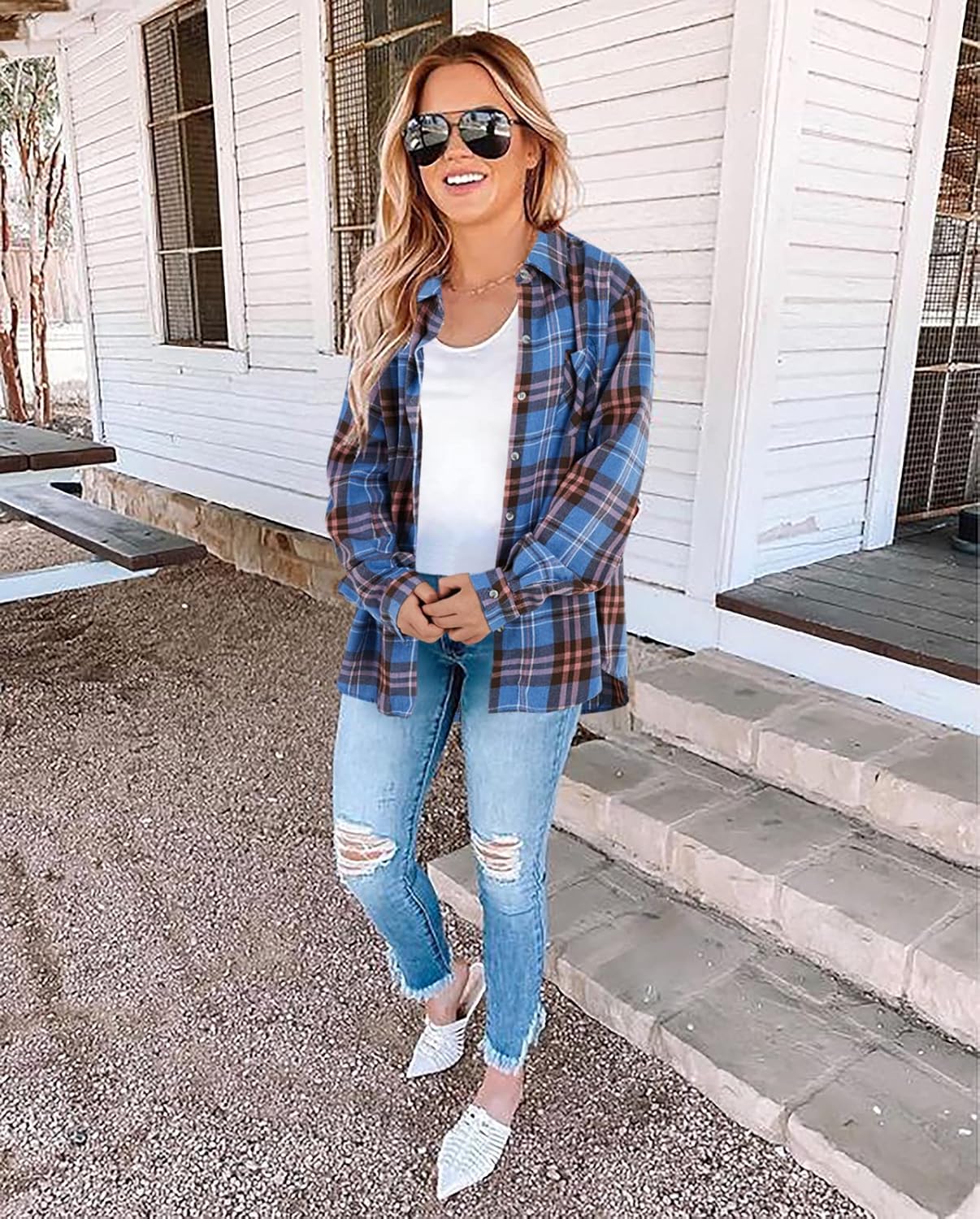 Wenrine Womens Long Sleeve Button Down Shirt Casual Plaid Flannel Shirt Collared Blouse Tops - Image 2