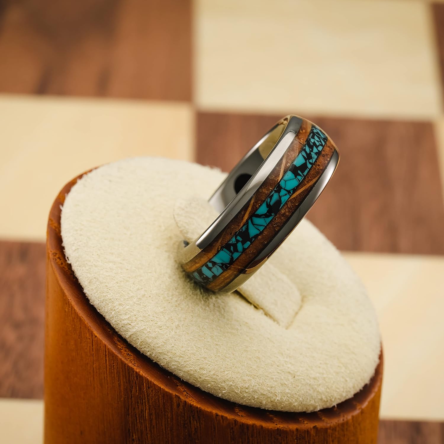 100S JEWELRY Gunmetal Gray Tungsten Rings For Men Turquoise & Whiskey Barrel Wood Grain Inlay Wedding Promise Engagement Band Size 6-16 - Image 2