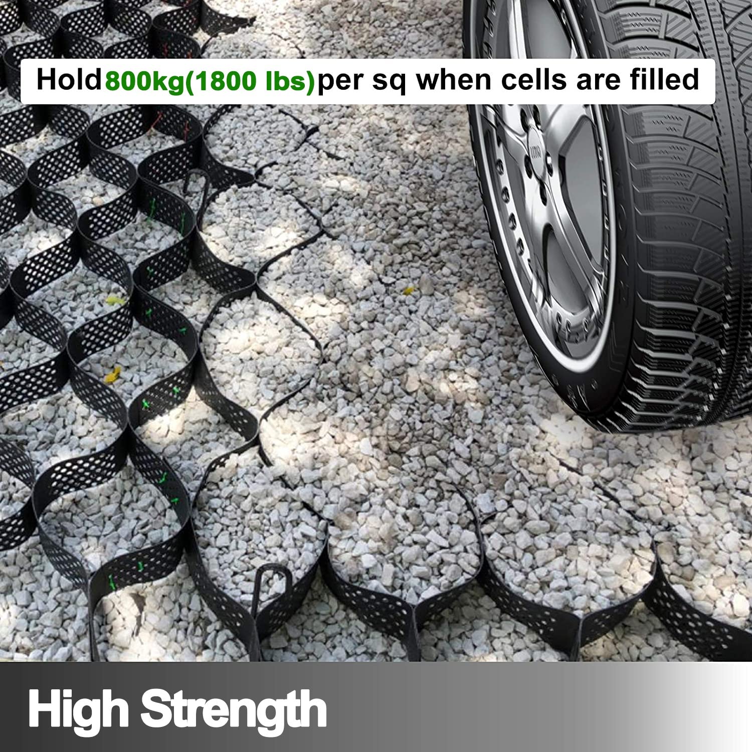 Rejilla de plástico permeable expandible para césped estabiliza caminos de jardín con adoquines anchos y resistentes de 2 pulgadas de alto, disponibles en varias longitudes (6.5 pies, 10 pies, 13