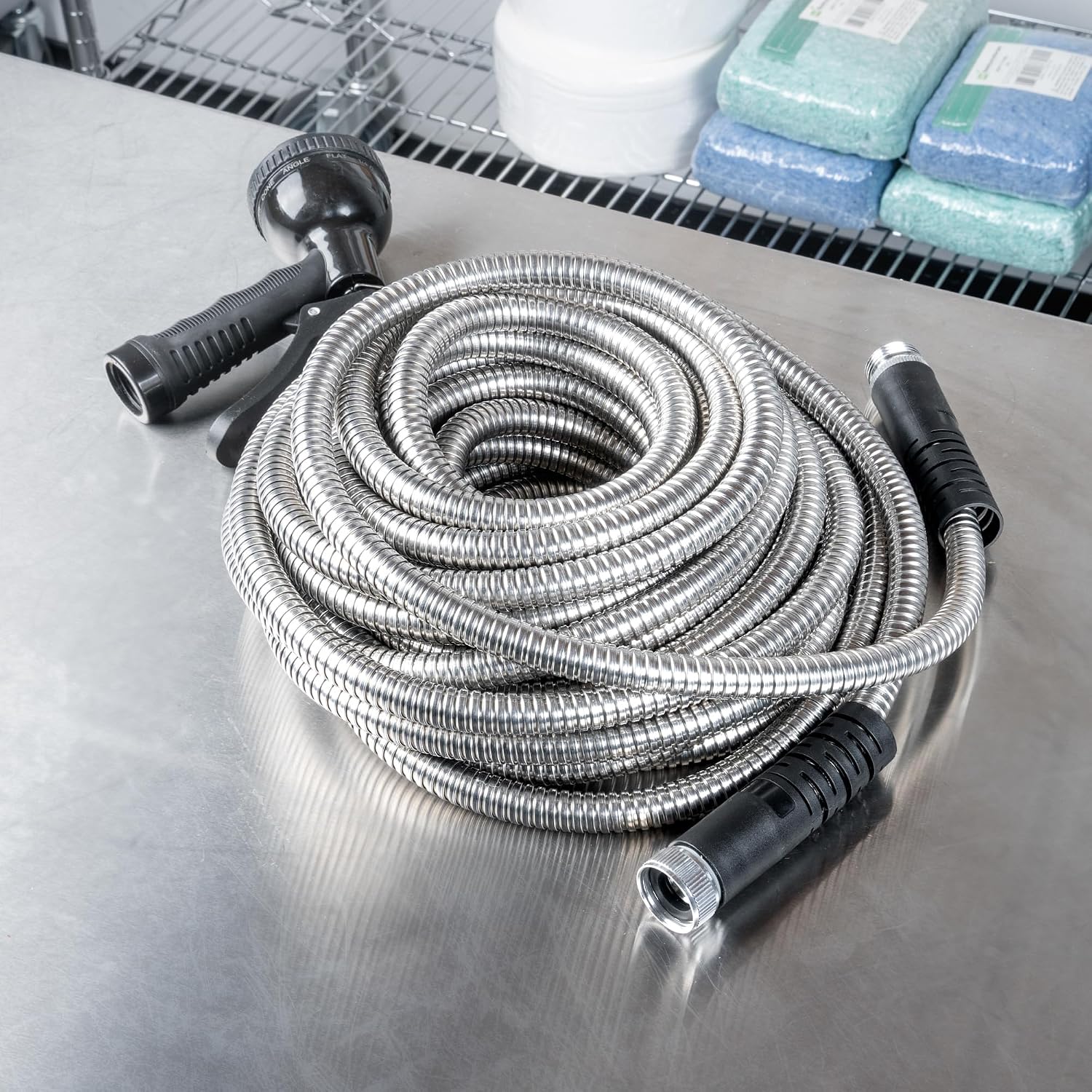 Restaurantware Stainless Steel Garden Hose 1 Count 50 FT Knot-Free Gardening Tool Water Hose With Ten-Function Nozzle For Watering And Outdoor Cleaning For Household And Commercial Gardens