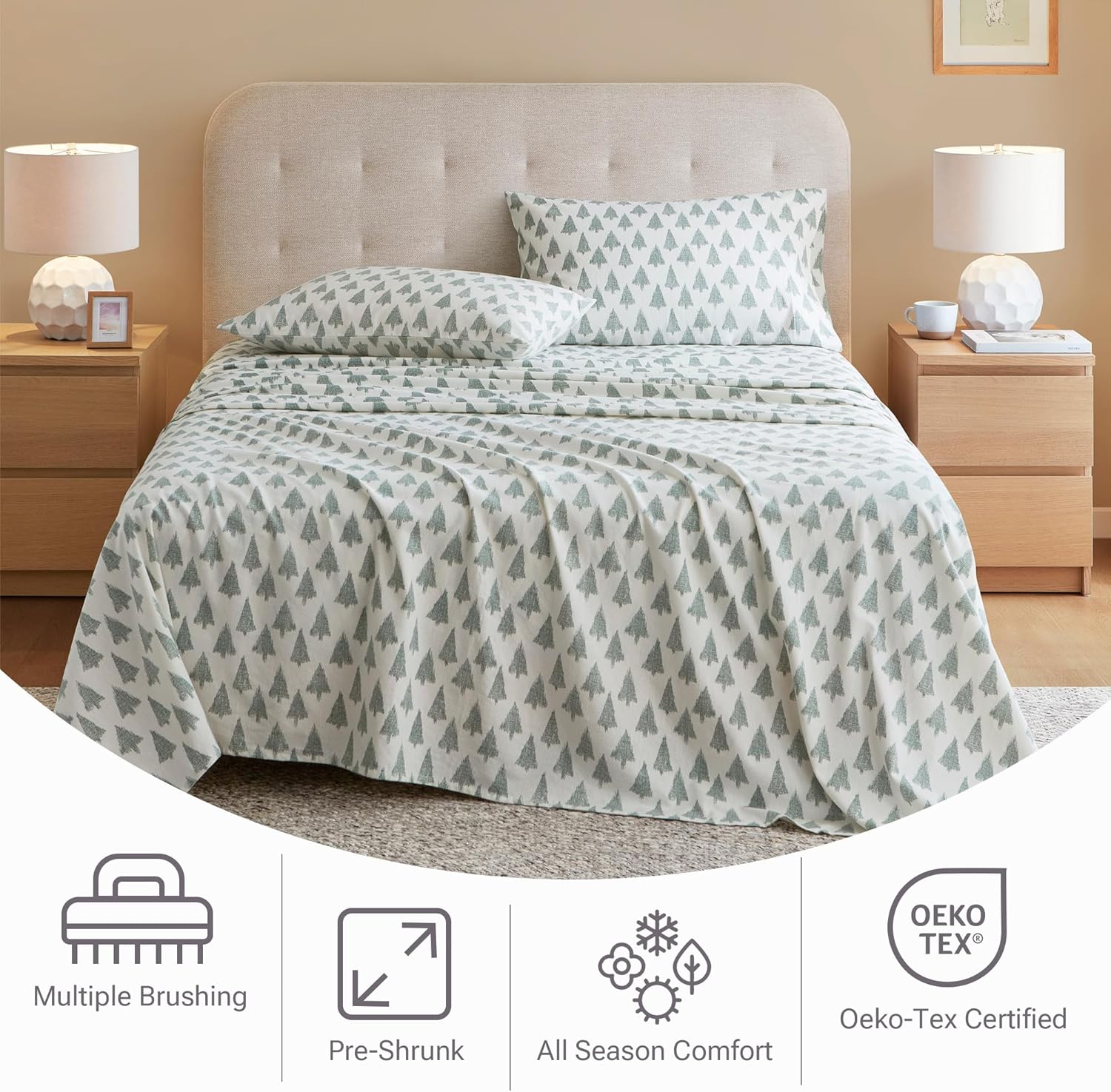 Queen Size True North by Sleep Philosophy Cotton Sheet Set Cozy Print 100% Cotton Flannel Sheets Bedding Set, Oversized Sheets, Deep Pocket Fits Up to 14 Mattress Queen Bed Sheets Queen Ikat Tree 4 Piece
