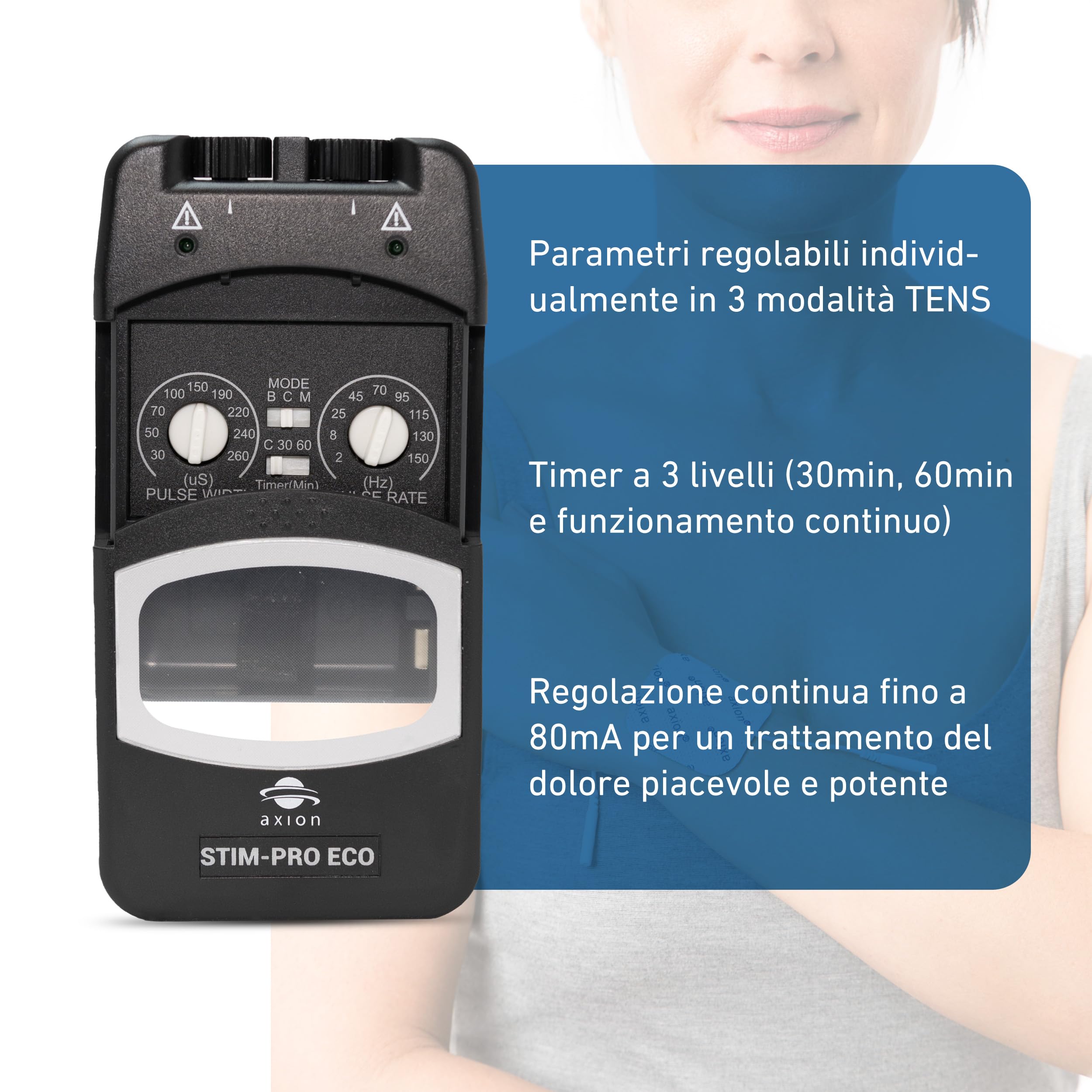 Dispositivo TENS a 2 canali STIM PRO ECO - Dispositivo TENS manuale compatto e potente per la terapia del dolore con 4 elettrodi da 5x5 cm - parametri regolabili - axion