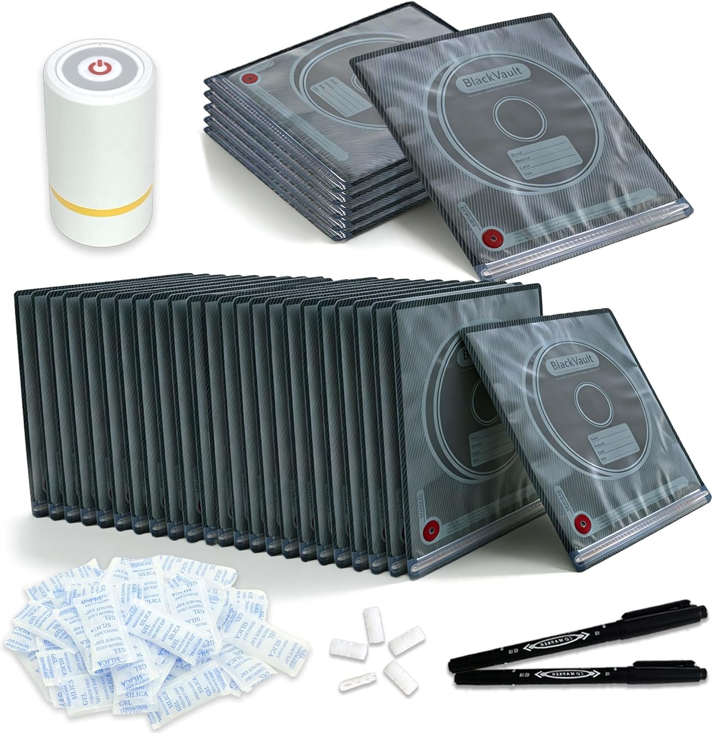 PurifyLogix Upgraded 3D Printer Filament Vacuum Sealing Bag Kit, Lightproof and Moistureproof, Includes 30 Vacuum Storage Bags, 1 Vacuum Pump, 30 Desiccants, 5 Clips & 2 Marking Pens(13.4 x 12.6 in)