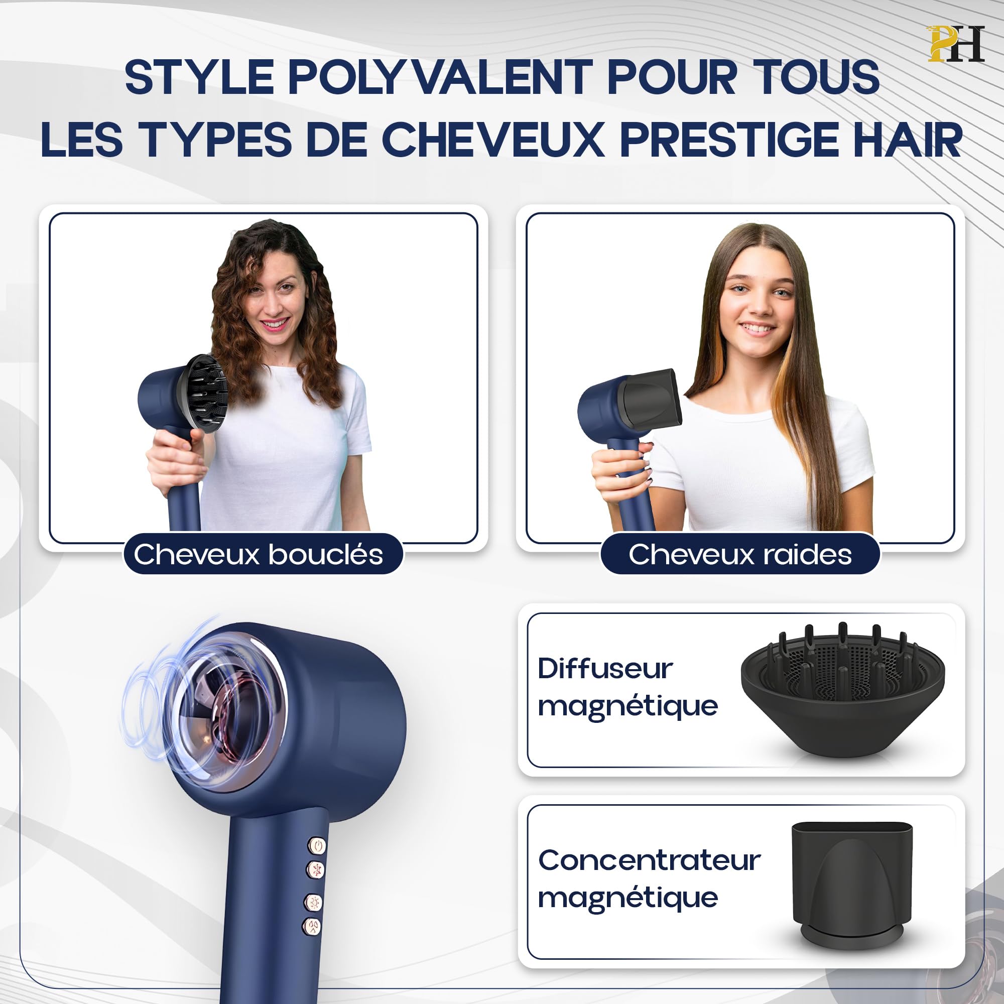 Sèche-cheveux ionique professionnel – Compact, puissant, léger et silencieux – Diffuseur boucles, brushing, air froid – Multifonction, accessoires inclus, garantie 2 ans