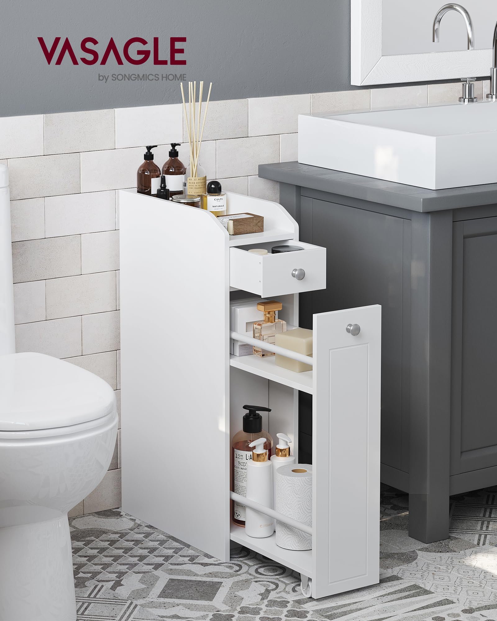 VASAGLE Mobile da Bagno, Mobiletto Salvaspazio, Mobiletto a Colonna, Porta Carta Igienica, con Cassetti, per Piccoli Spazi, Bianco BBC847P31