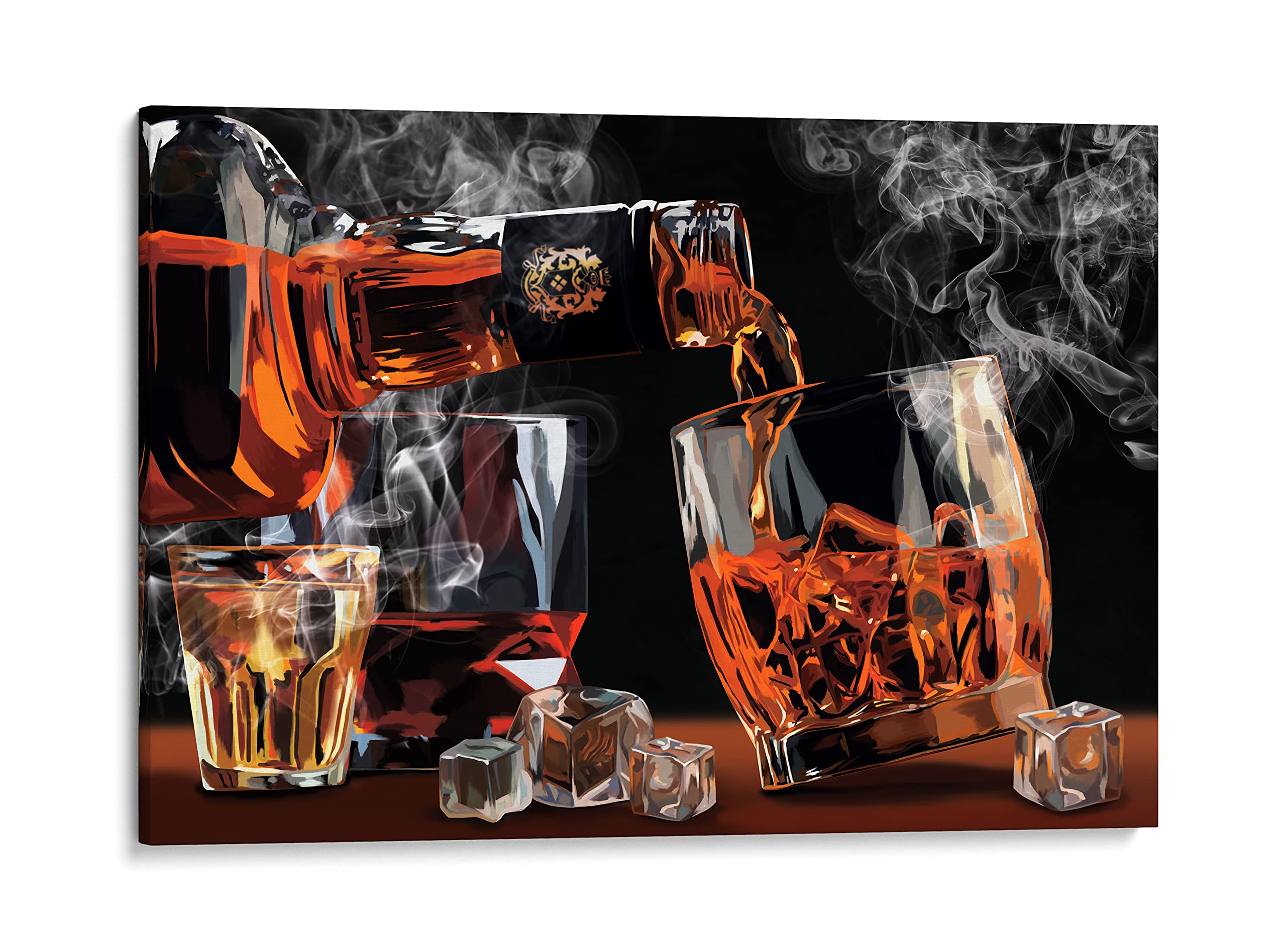 INTALENCE ART Whiskey Ice and Cigar Smoke Abstract Wall Art Decor, Modern Man Cave Home Bar Print on Canvas, 24x32in Whiskey Bottle Picture Home Decor, Unique Pub Basement Bar Dining Room and Kitchen Poster Decoration. Wrapped Artwork Easy to Hang