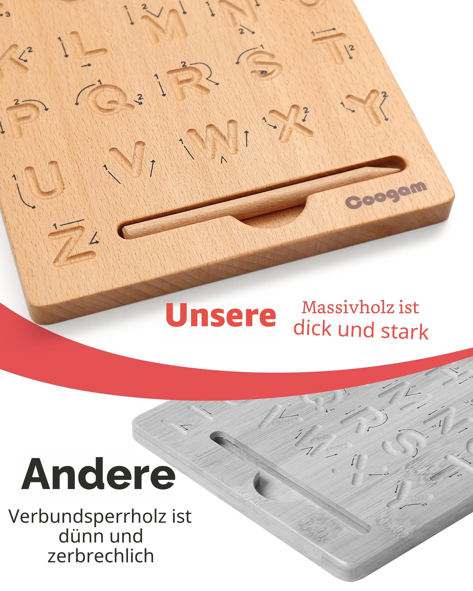 Coogam Hooden Letter Tracing Board Doppelseitig, Alphabet 123 Zahlen Erkenntnis Montessori Frühes Lernen STEM Vorschule Spielzeug Geschenk für 3 4 5 Jahre alte Kinder