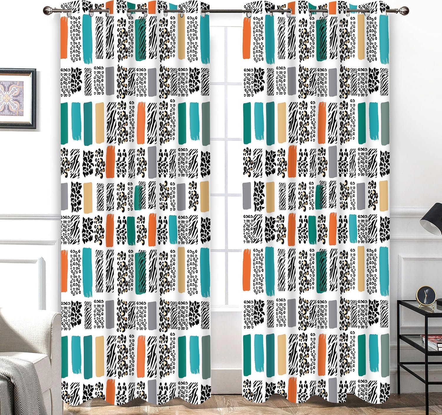 Boho Abstract Vintage Curtain Bohemia Checked Safari Animal Leopard Zebra Print Teal Blue Blackout Curtains, Mid Century Geometric Aesthetic Modern Drapes for Living Room Bedroom Kitchen 42x84in