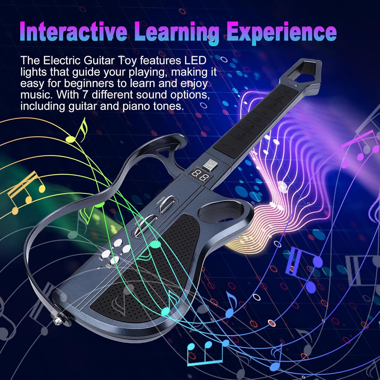 Fafeicy Kids Electric Guitar Foldable Stringless LED Light Up Music Instrument with 7 Sounds BT Drums Rechargeable for Travel Family Time (Black)