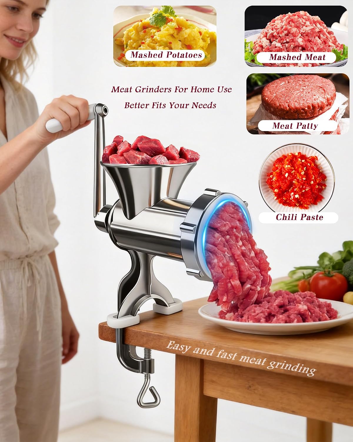 Manual Meat Grinder - Heavy Duty Meat Grinder Manual Mincer Effortless Hand Crank for Fresh Ground Beef For Home Use Fast And Effortless For All Meats (Silver, #10)