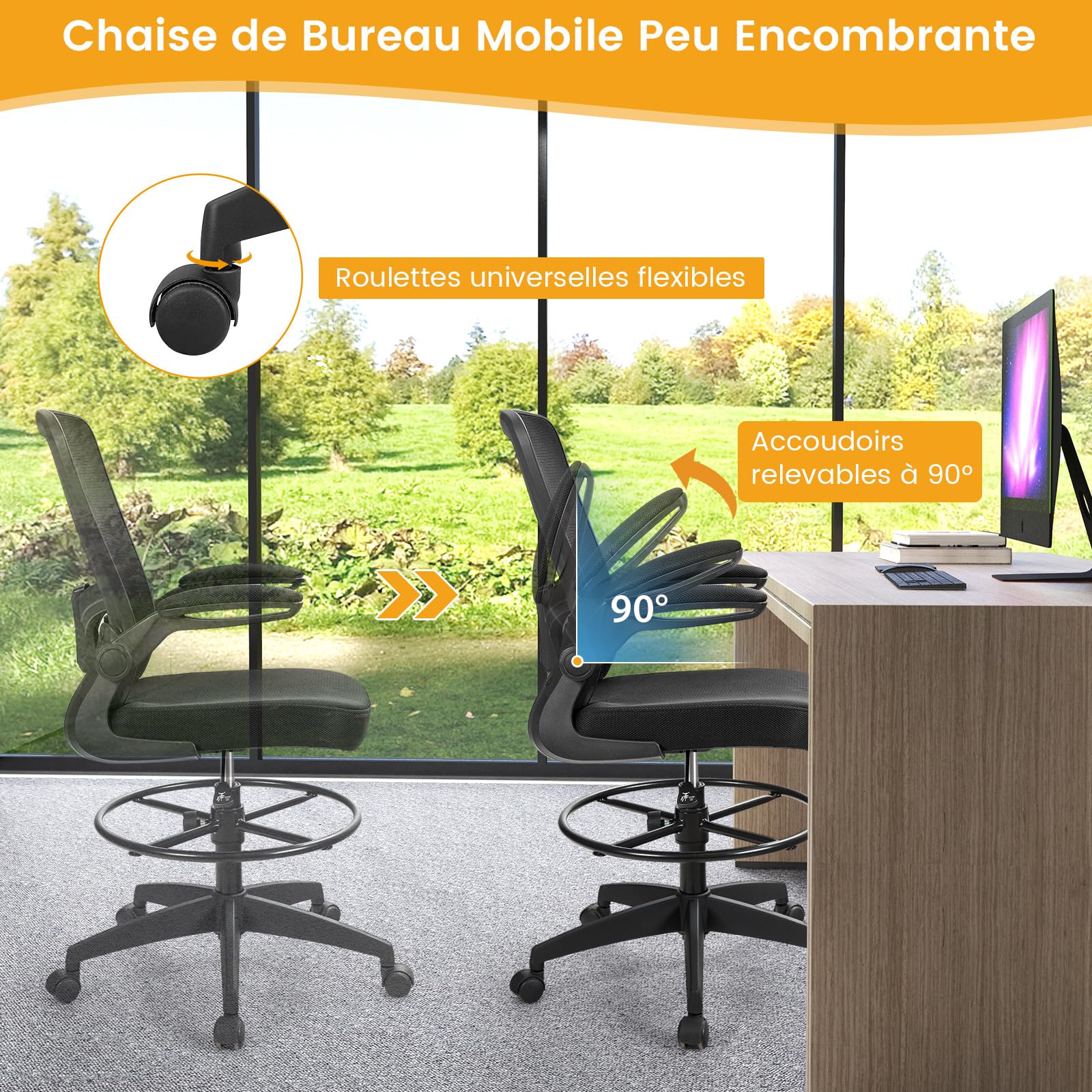 COSTWAY Chaise de Bureau Ergonomique en Maille, Chaise d'Ordinateur avec roulettes, Accoudoirs Rabattables, Repose-Pieds, Réglable en Hauteur, Cadre en Métal Solide, pour Bureau, Charge 120 kg