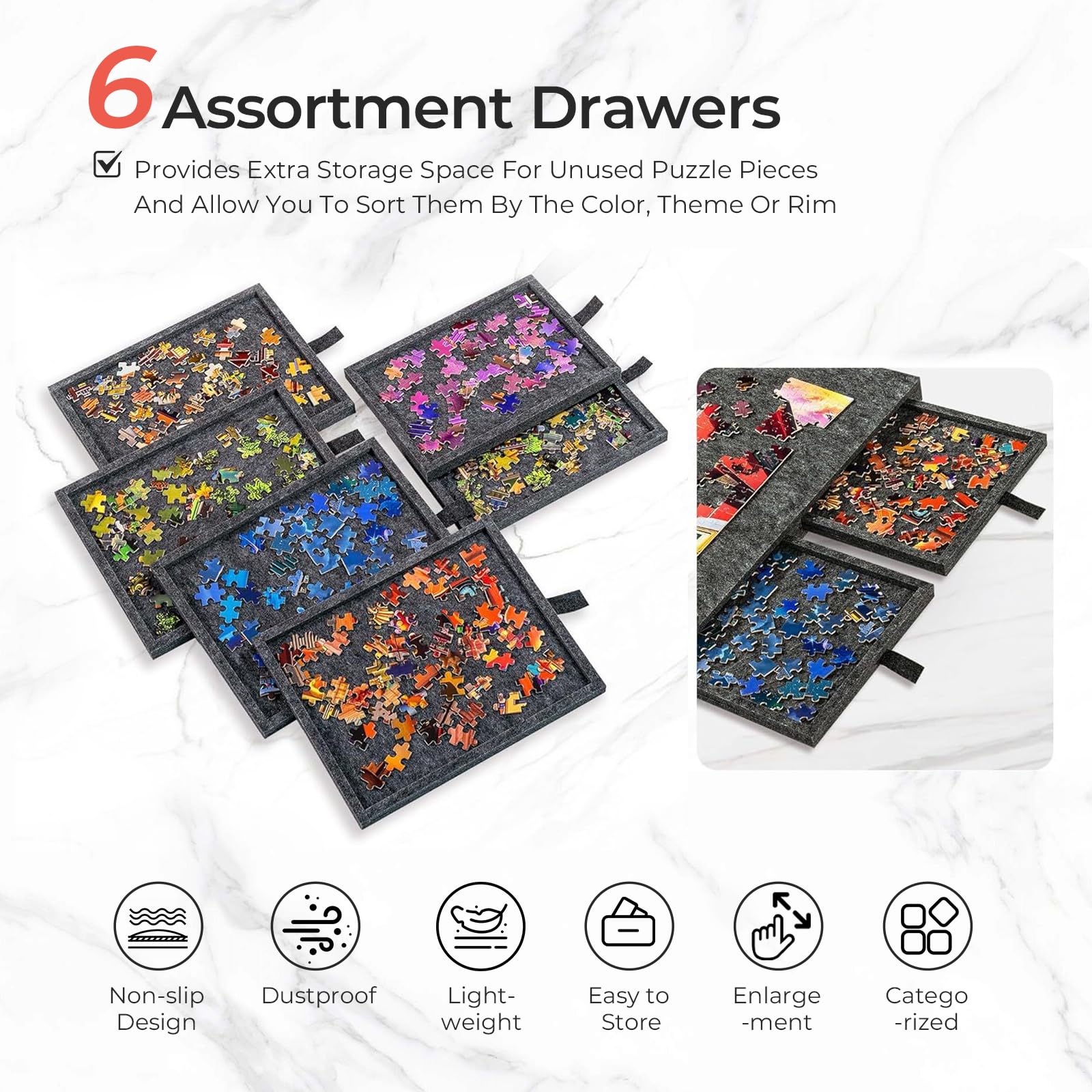 Kantelbare Puzzeltafel met 2-in-1 Legpuzzelstandaard en Deksel, Lichtgewicht Vilt Puzzelplateau met 6 Gekleurde Lades, Draagbare Tafel voor Spellen, Cadeau Light camel 1500 pieces [90 × 63 × 4.2 cm